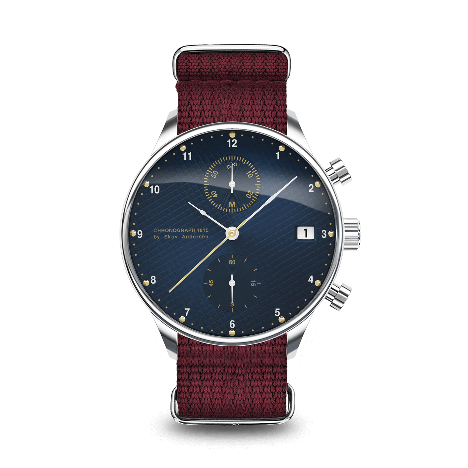1815 Chronograph by AV86 with vintage-inspired dial, sapphire crystal, chronograph function, and textured fabric strap