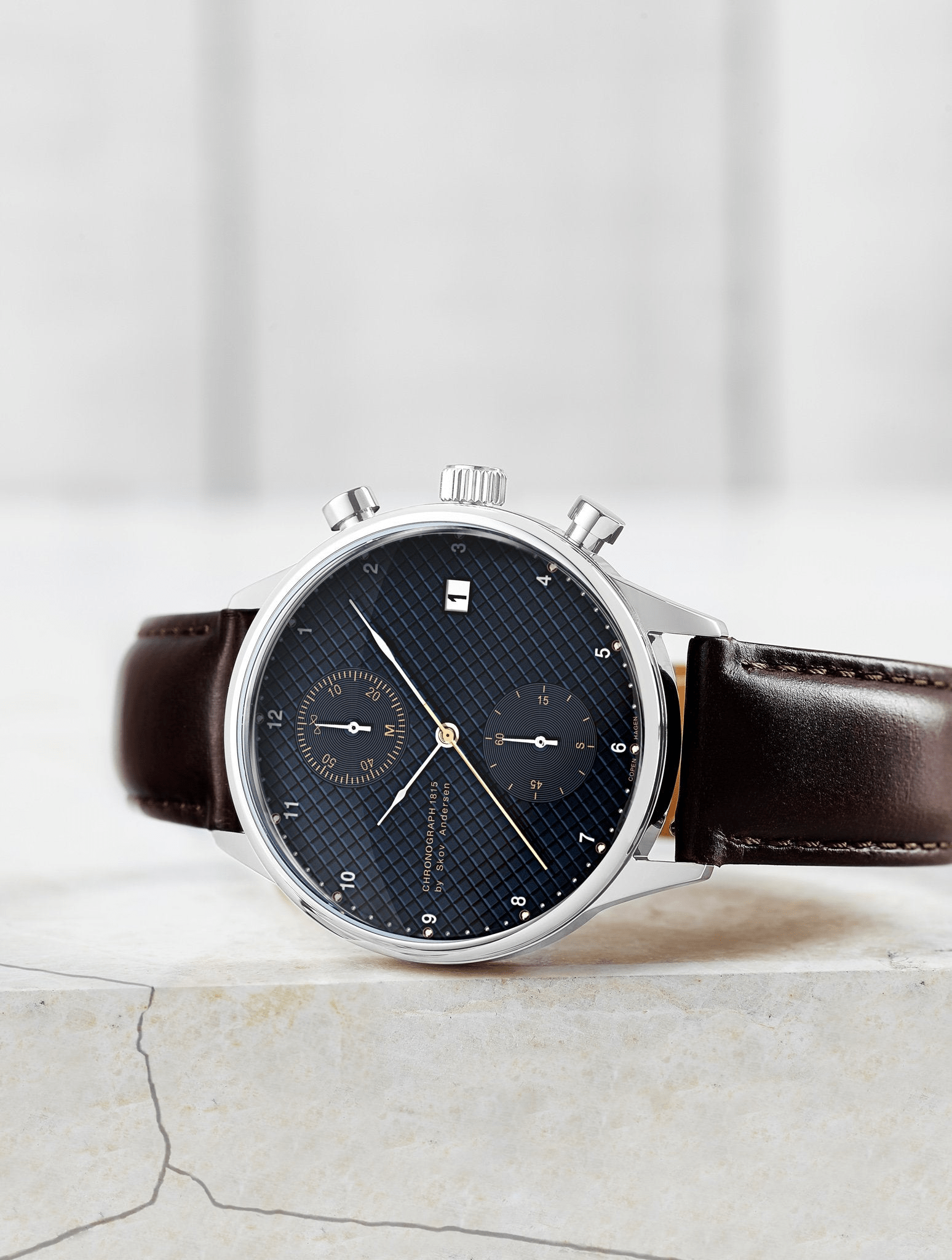 1815 Chronograph by AV86, vintage-inspired chronograph with textured dial, sapphire crystal, and brown leather strap