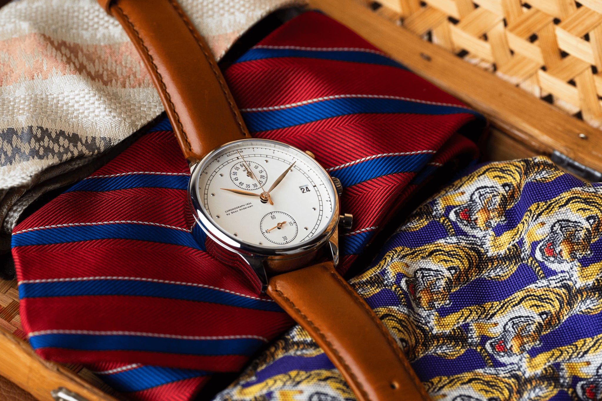 1834 Chronograph by AV86 vintage-inspired luxury chronograph with sapphire crystal, white dial, and brown leather strap