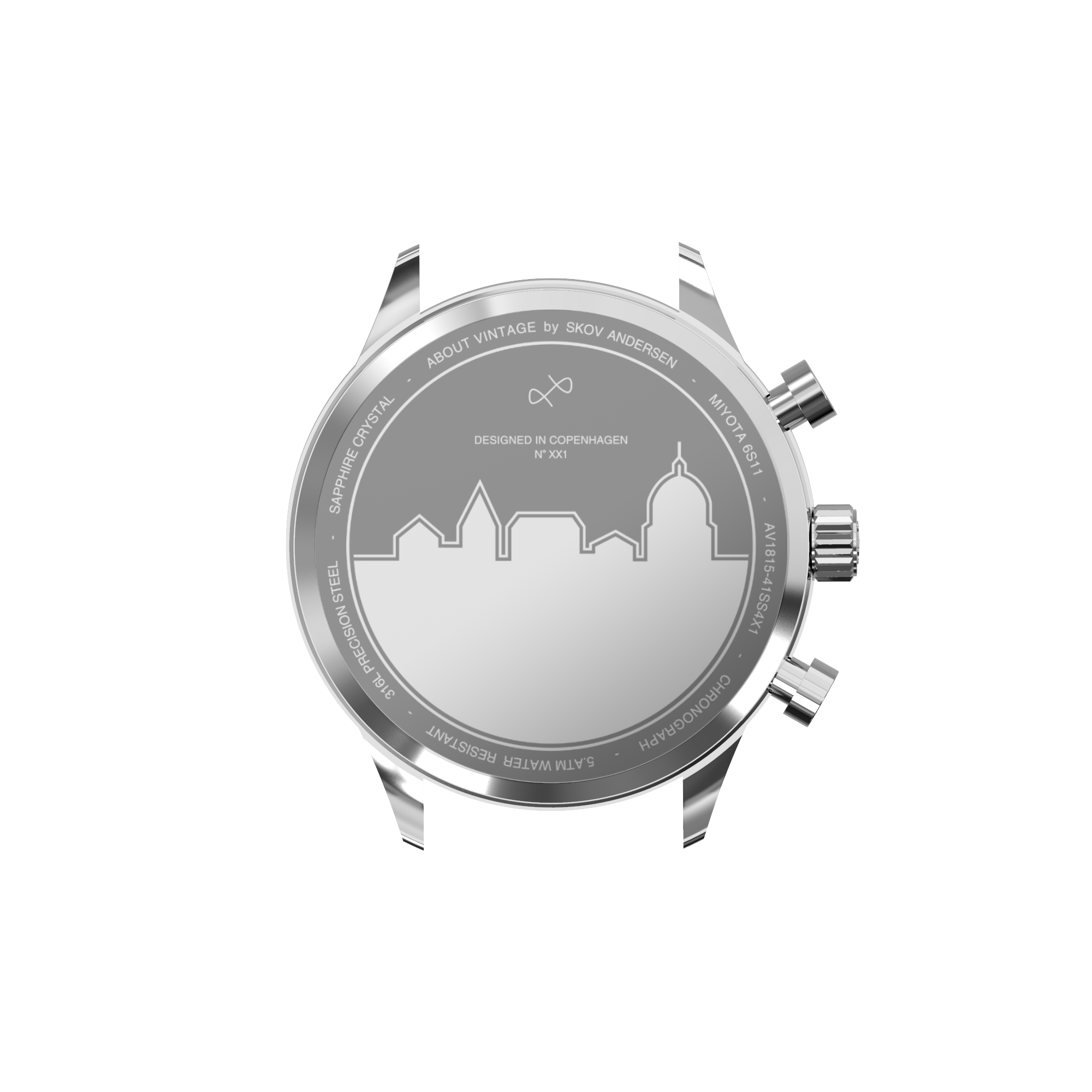 1844 Chronograph by AV86 with stainless steel case back engraved Copenhagen skyline, sapphire crystal, and precision details