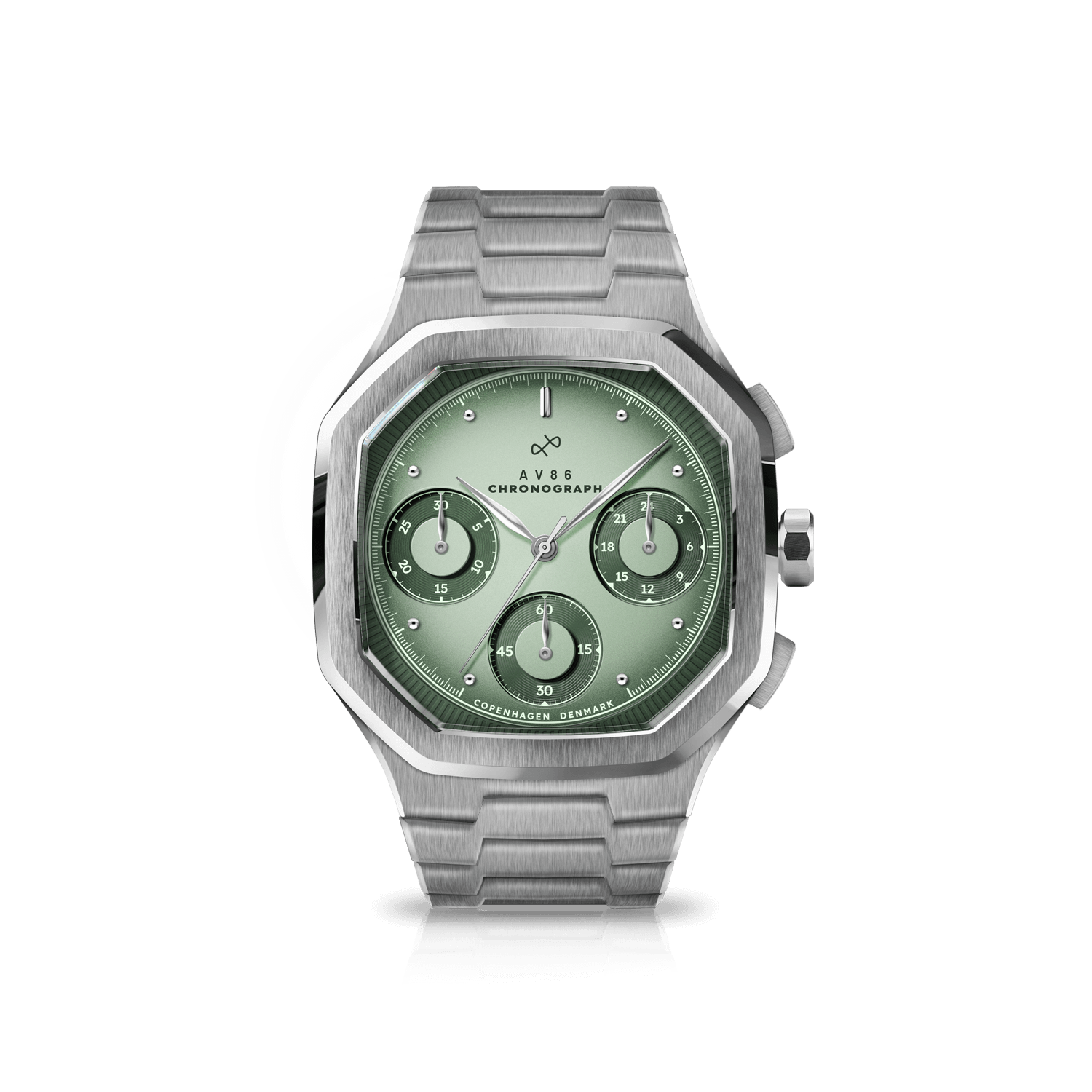 1904 Chronograph by AV86 with angular non-round case, vintage-inspired dial, sapphire crystal, and stainless steel bracelet strap