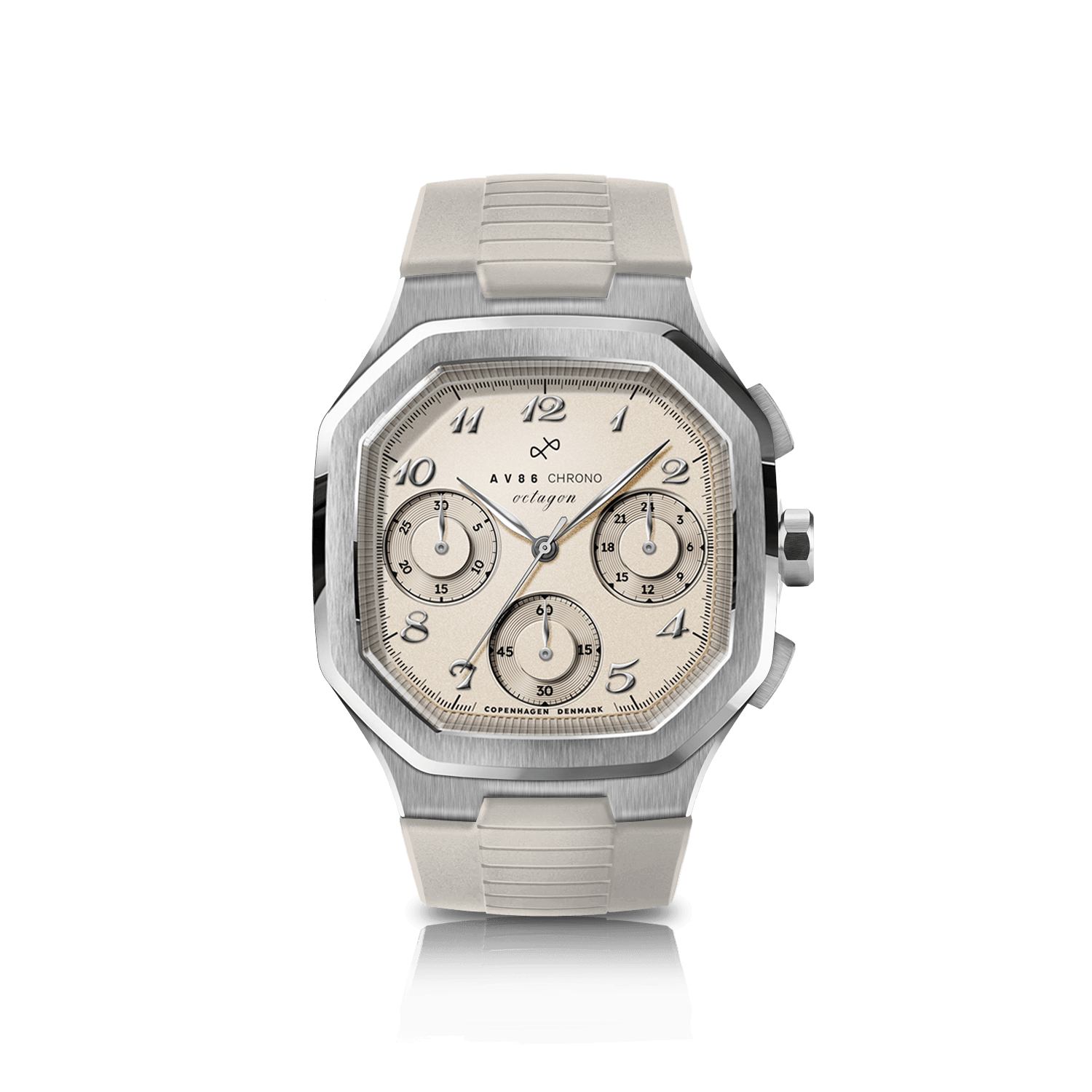 1904 Chrono featuring a square brushed steel case, off-white dial with three chronograph subdials, sapphire crystal, and a textured rubber strap by AV86.