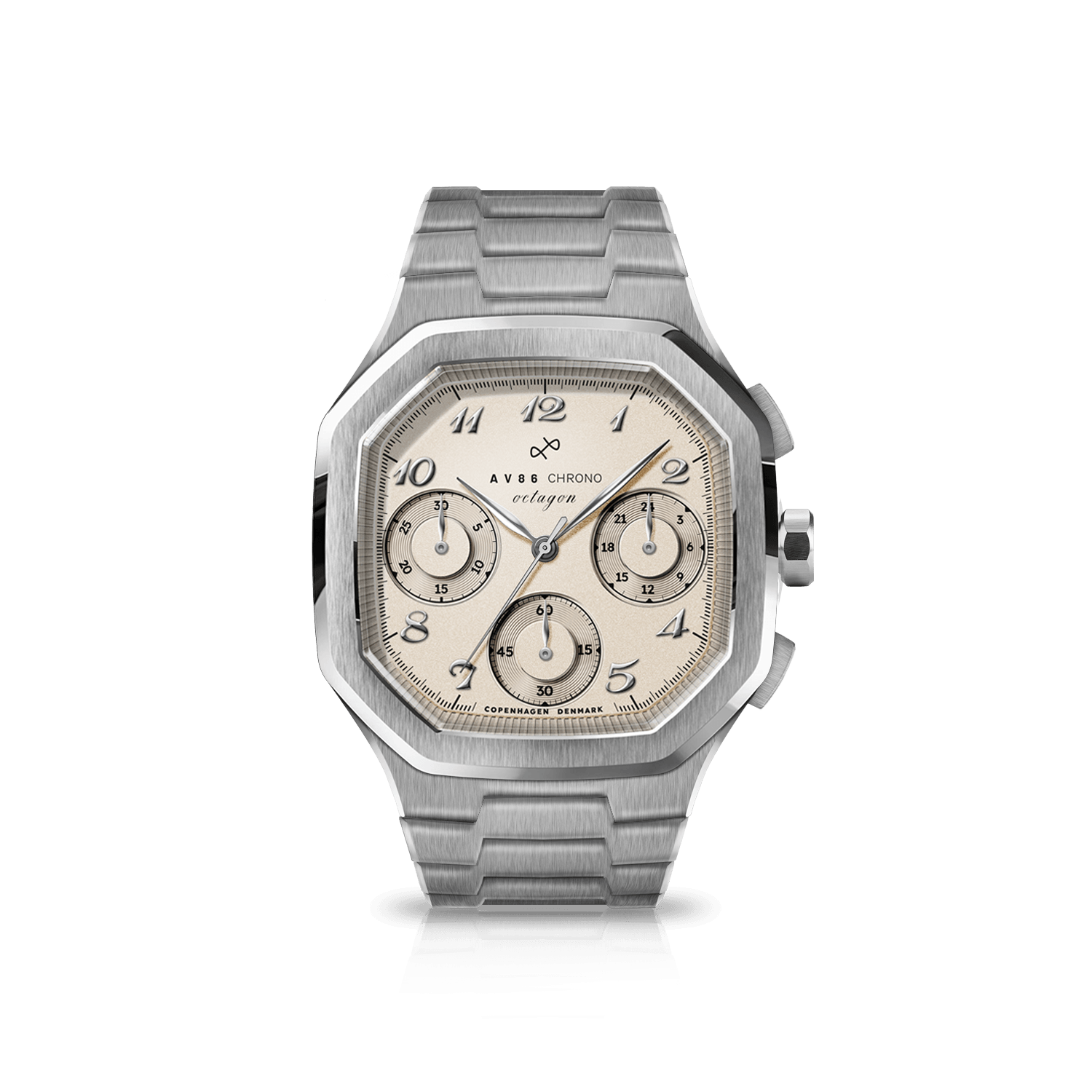 1904 Chrono by AV86 is a precision chronograph featuring a brushed steel octagonal case, off-white dial with Arabic numerals, three subdials, and a matching steel bracelet, exemplifying Nordic minimalism and Danish design craftsmanship.