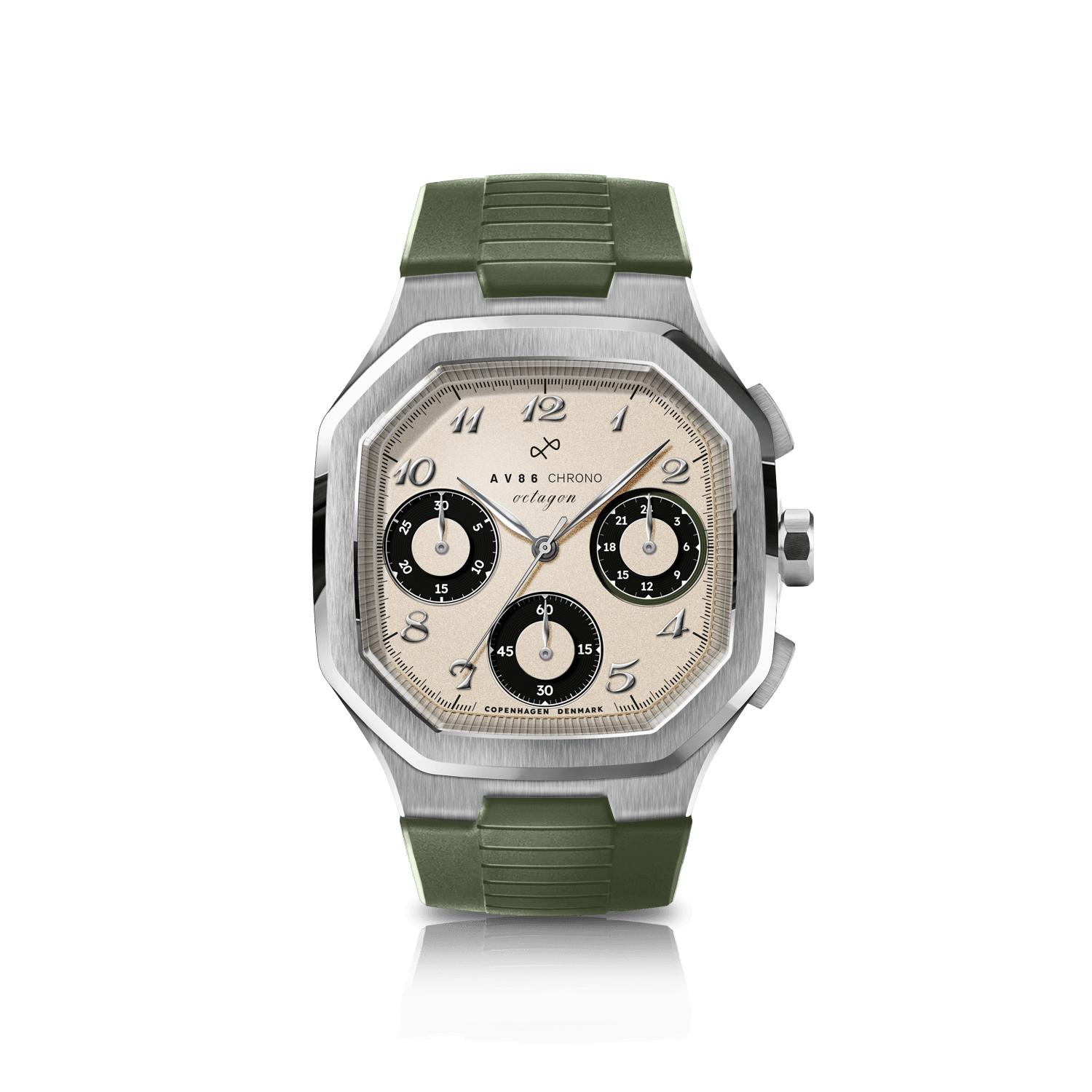1904 Chrono, Steel / Off White & Black by AV86 features a chronograph dial with three subdials, a textured off-white face, a brushed steel octagonal case, and a durable green rubber strap, exemplifying Scandinavian design and horological excellence.