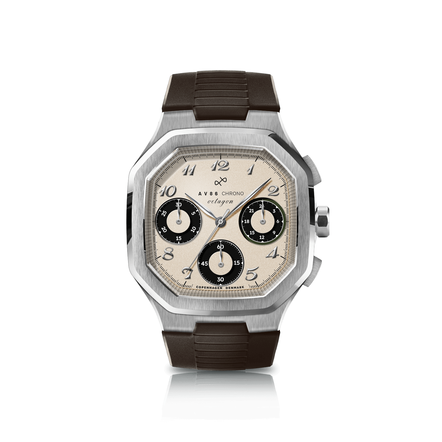 1904 Chrono, crafted by AV86, features a chronograph dial with three subdials, sapphire crystal, stainless steel case, and a dark brown leather strap, embodying Scandinavian minimalist luxury.