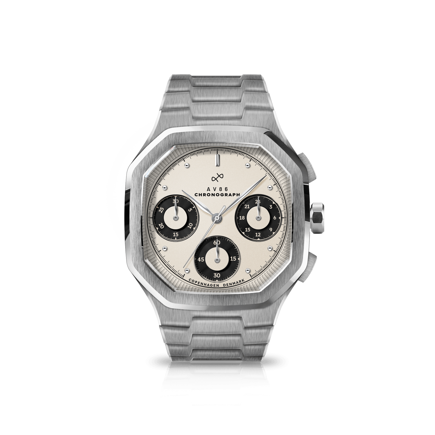 1904 Chronograph by AV86 with angular case, vintage-inspired dial, sapphire crystal, and brushed steel bracelet strap