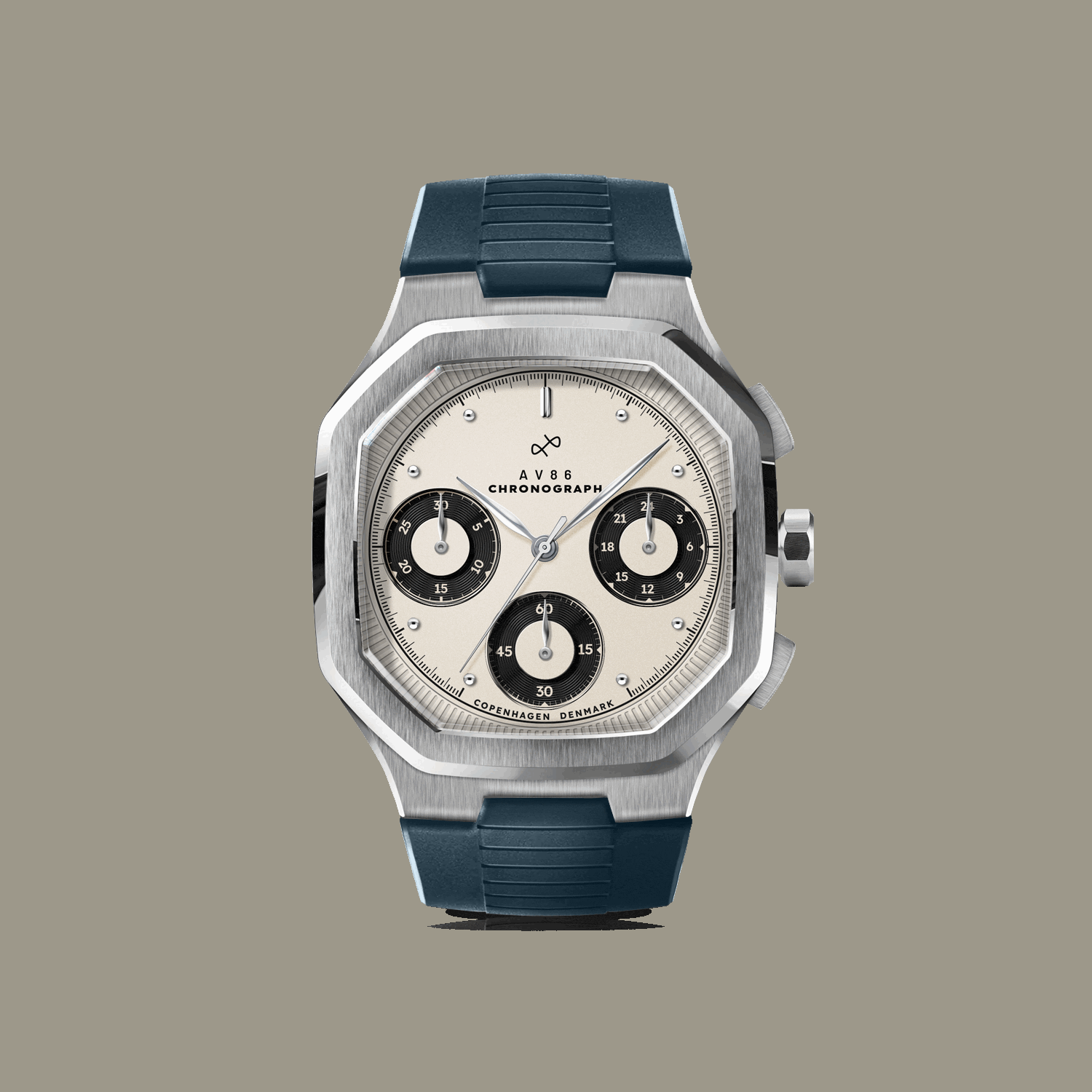 VB86 Chronograph by AV86 with vintage-inspired dial, square bezel, sapphire crystal, and rubber strap