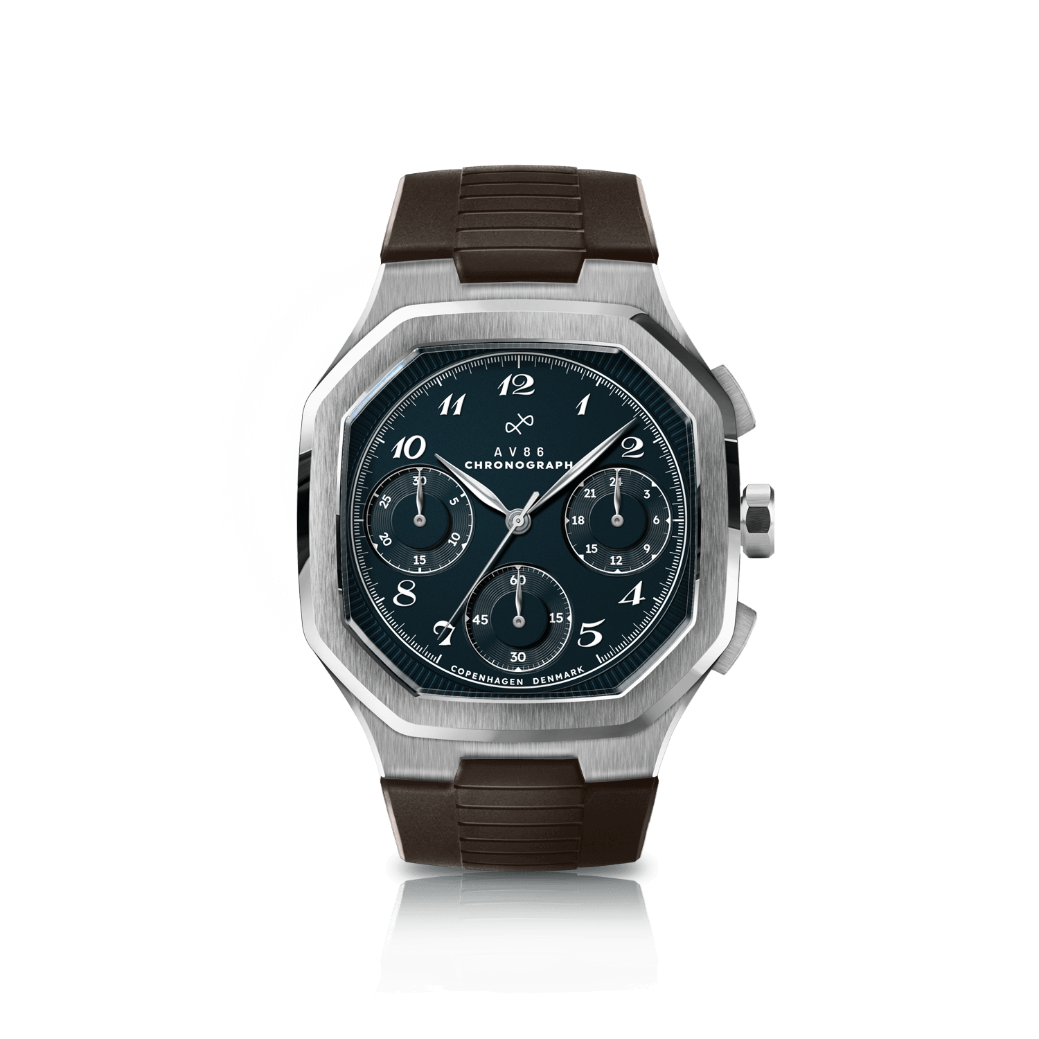 1904 Chronograph by AV86 with angular case, vintage-inspired dial, sapphire crystal, black chronograph subdials, and black rubber strap