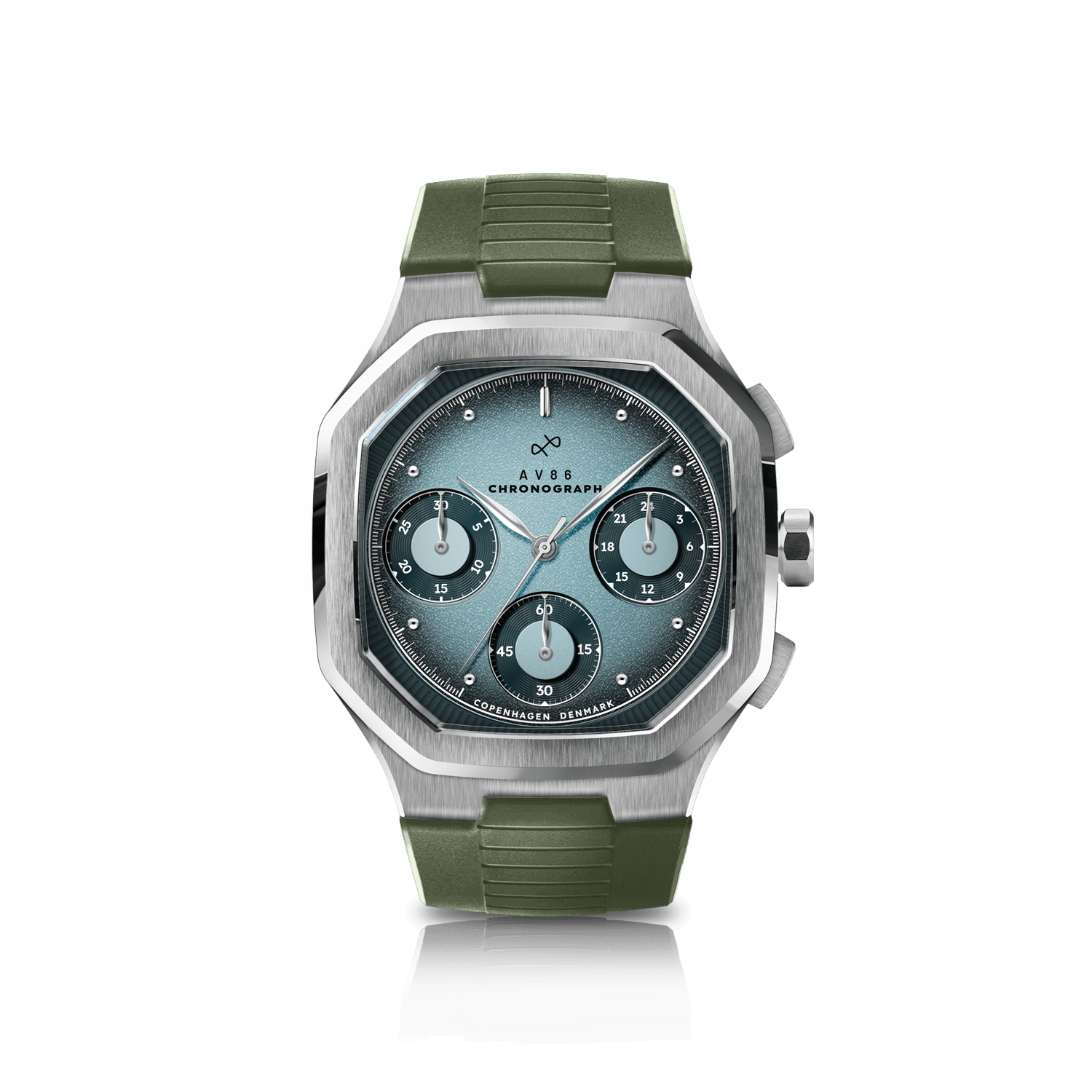 1904 Chronograph by AV86 with angular case, sapphire crystal, vintage-inspired dial, and robust textured rubber strap
