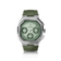 1904 Chronograph by AV86 with angular case, vintage-inspired dial, sapphire crystal, chronograph subdials, and green rubber strap