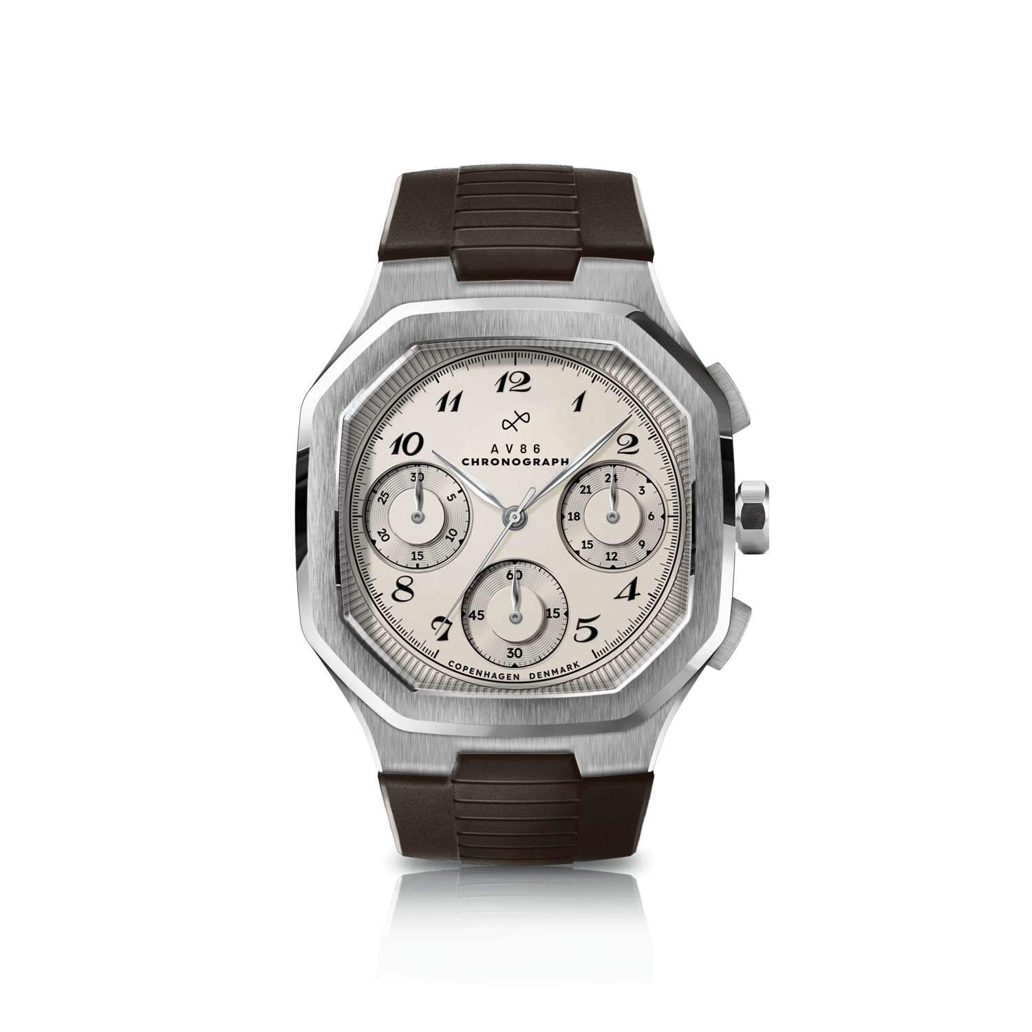 1904 Chronograph by AV86 with sapphire crystal, vintage-inspired angular case, chronograph dial, and brown textured rubber strap