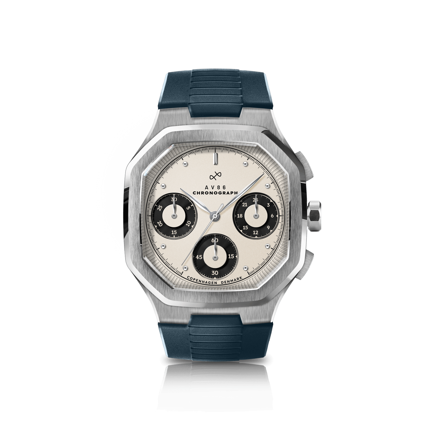 1904 Chronograph by AV86 with angular case, sapphire crystal, vintage-inspired dial, chronograph subdials, and rubber strap