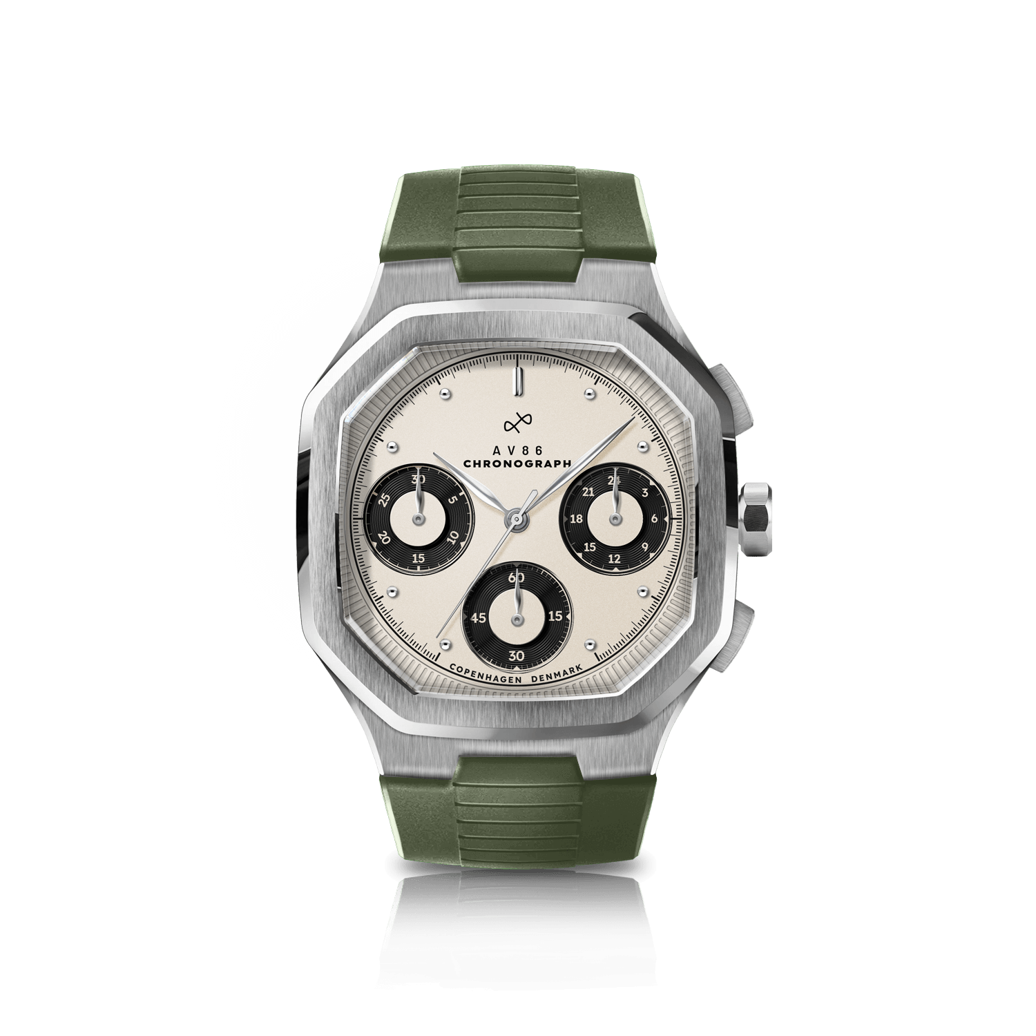 1904 Chronograph by AV86 with angular case, vintage-inspired dial, sapphire crystal, chronograph function, and green rubber strap