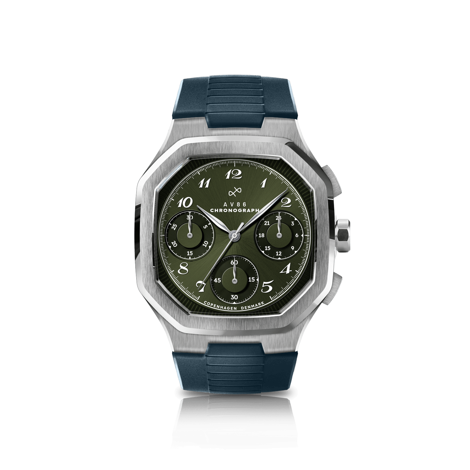 1904 Chronograph by AV86 with angular case, sapphire crystal, vintage-inspired dial, chronograph subdials, and textured rubber strap