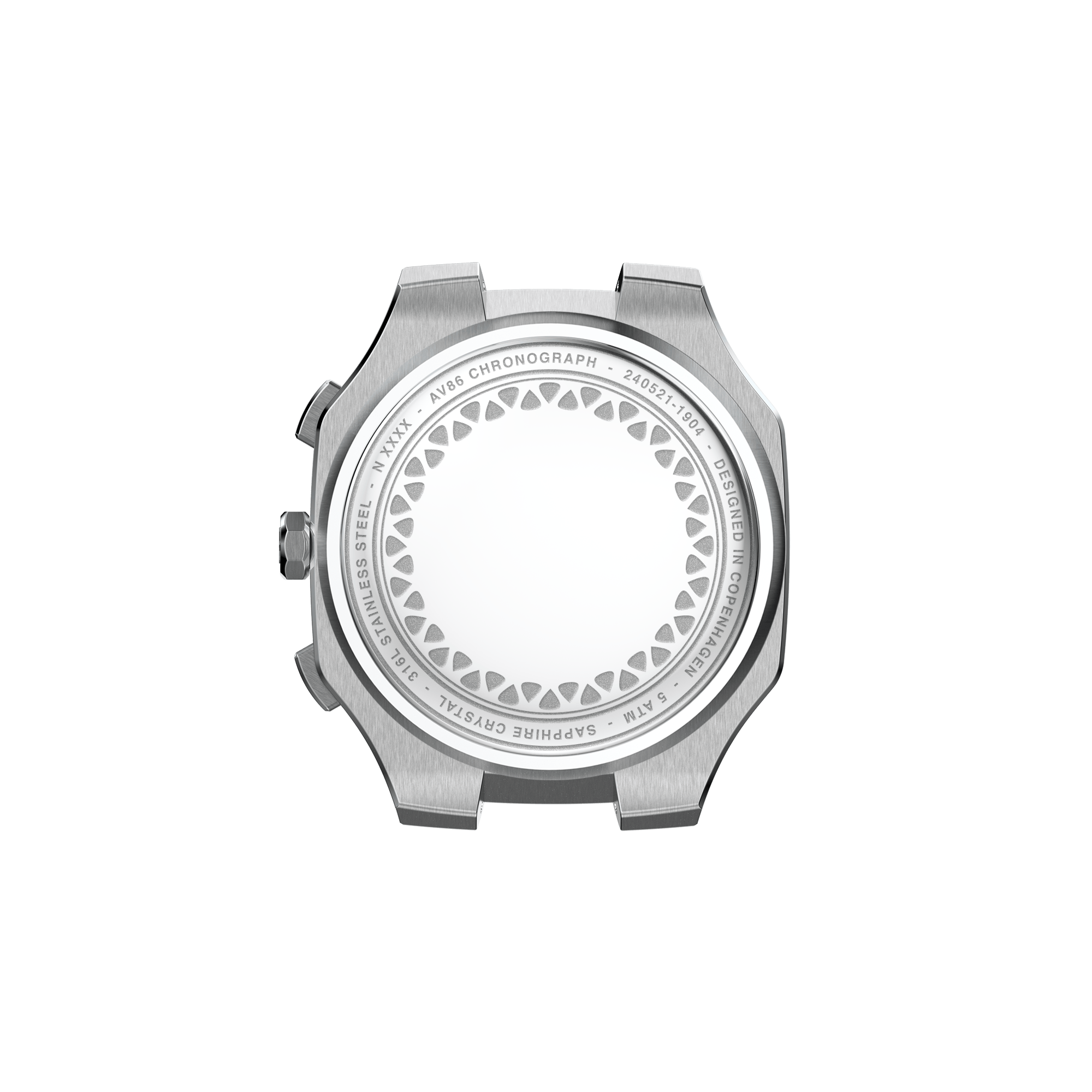 AV86 chronograph watch case back with sapphire crystal, stainless steel construction, and engraved decorative ring pattern