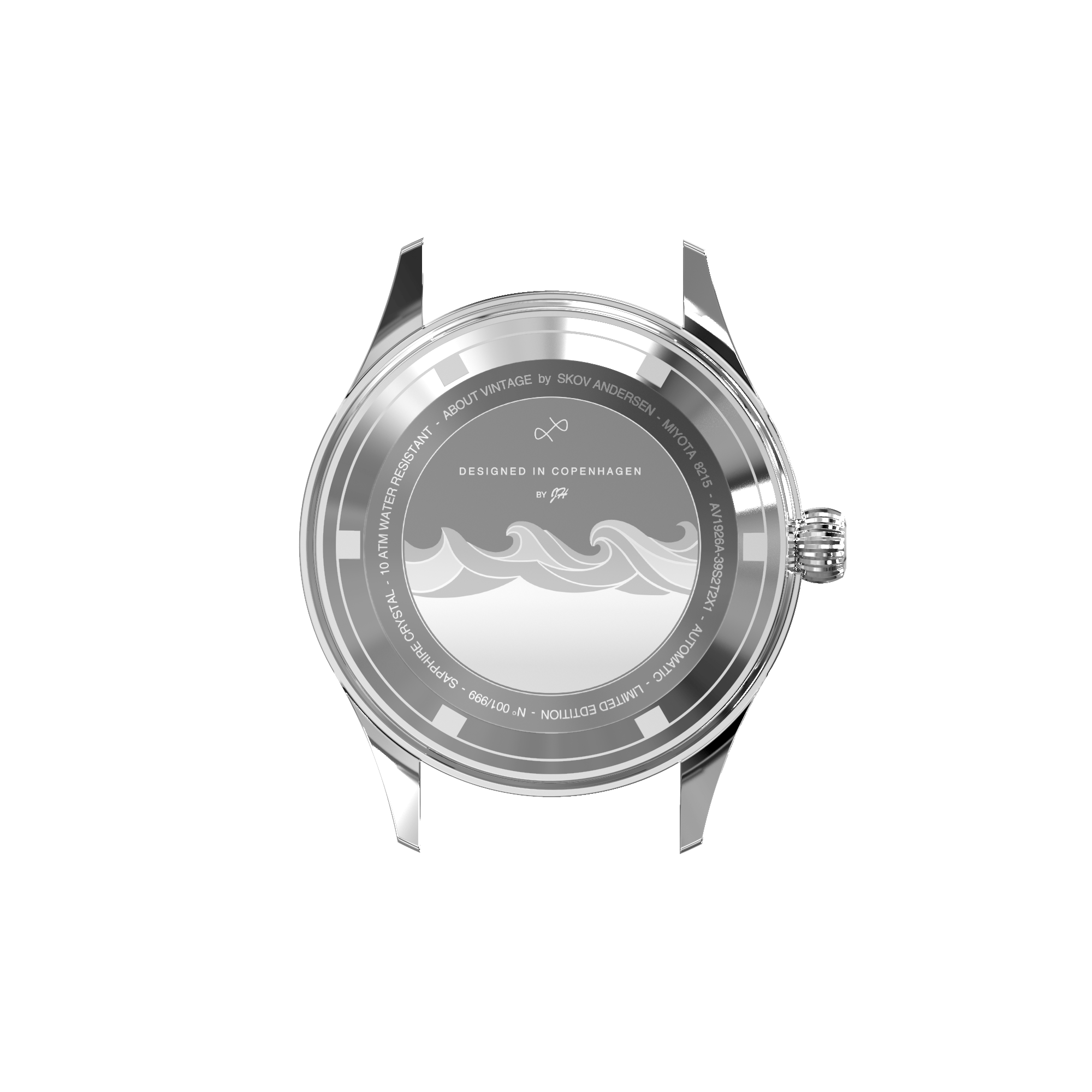 1926 Automatic by AV86 limited edition case back with engraved wave motif, sapphire crystal, and stainless steel finish