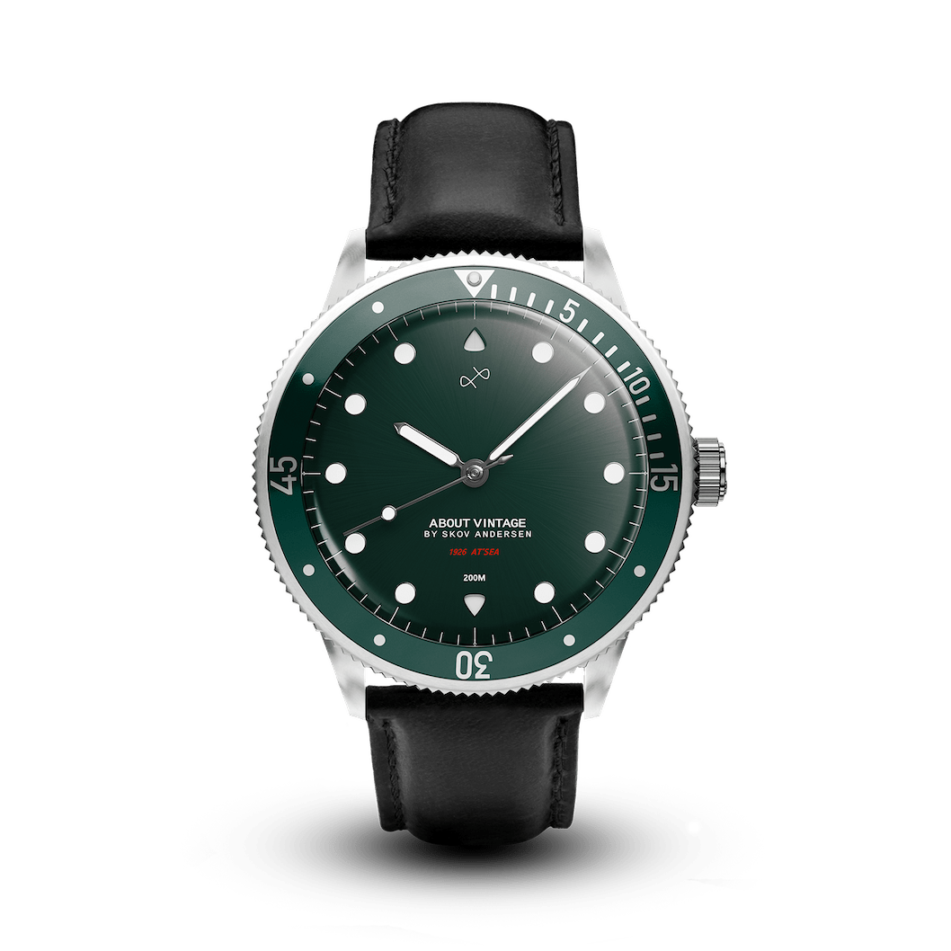 1926 At'sea by AV86 luxury diver watch with vintage-inspired dial, sapphire crystal, rotating bezel, and black leather strap