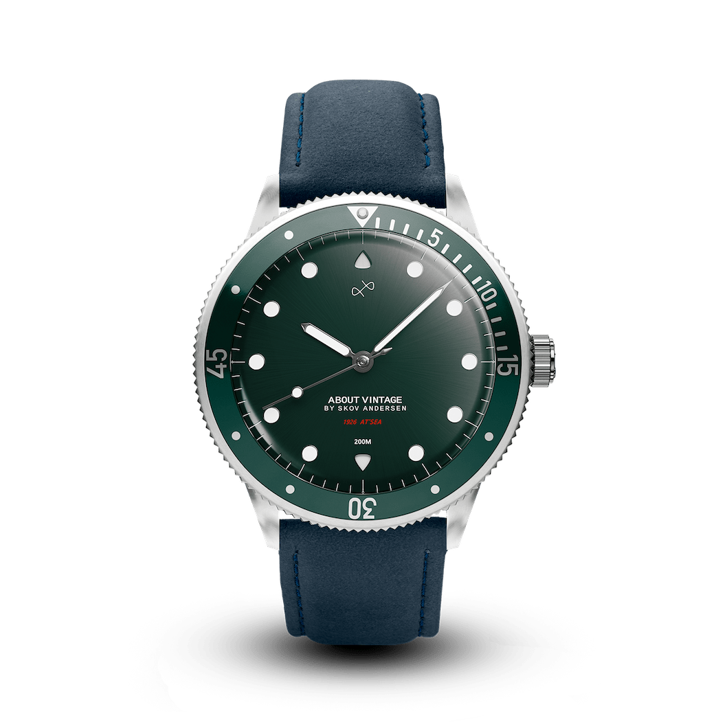 1926 At'sea by AV86 luxury diver watch with vintage-inspired dial, sapphire crystal, compass bezel, and leather strap