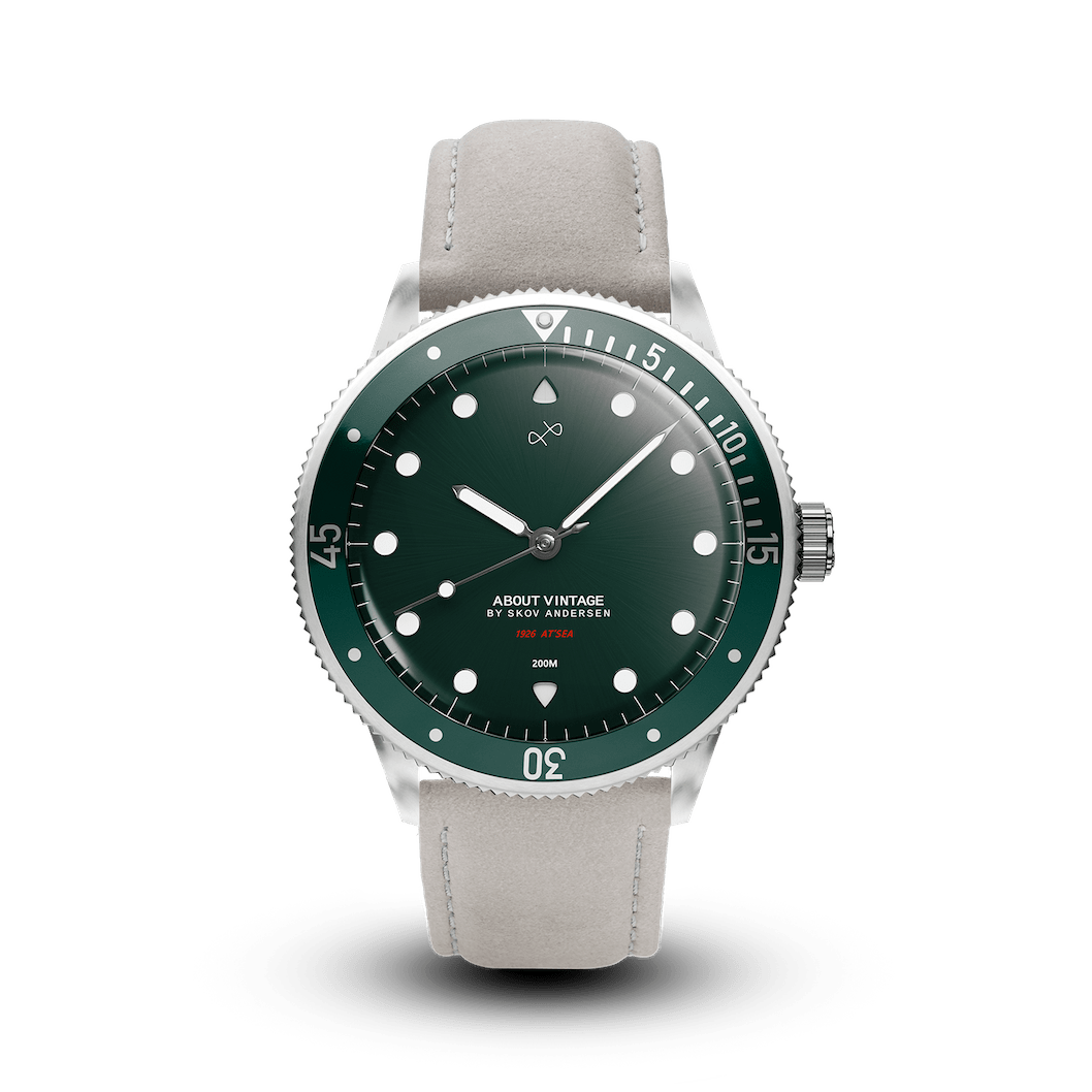 1926 At'sea by AV86 luxury diver watch with green sunray dial, sapphire crystal, compass bezel, and light leather strap