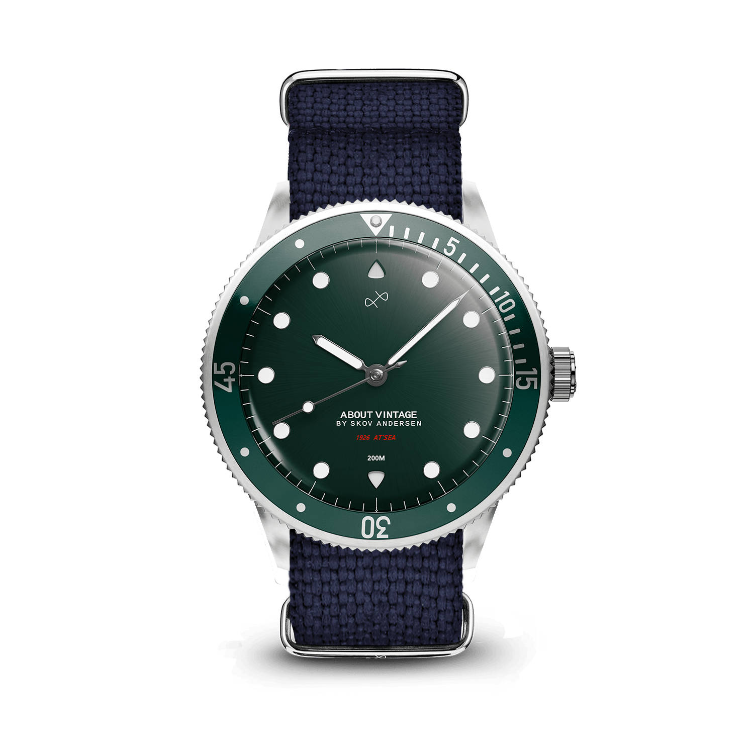 1926 At'sea by AV86, vintage-inspired diver with sapphire crystal, compass bezel, and navy textile strap, luxury timepiece