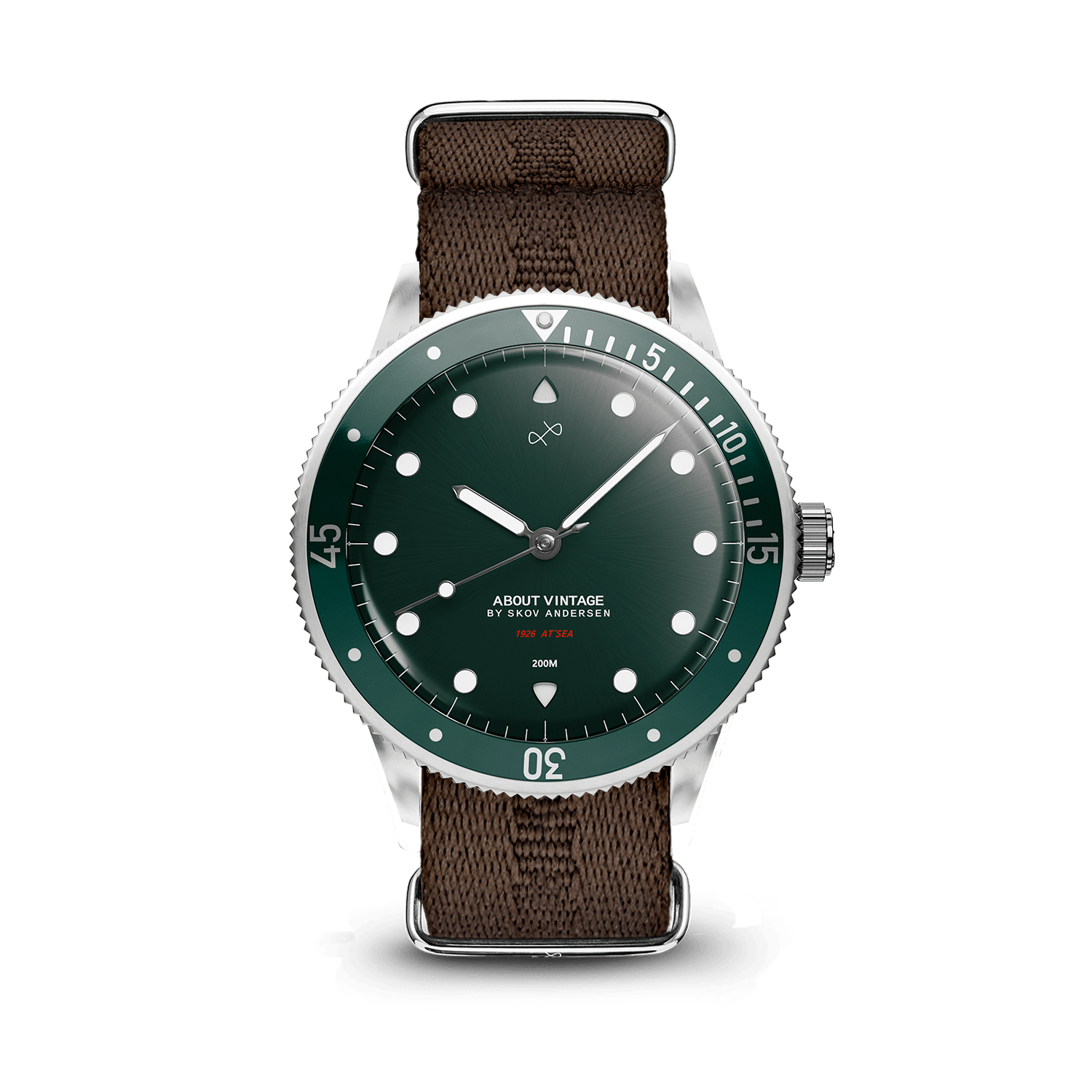 1926 At'sea by AV86 vintage-inspired diver with green sunray dial, sapphire crystal, compass bezel, and brown fabric strap