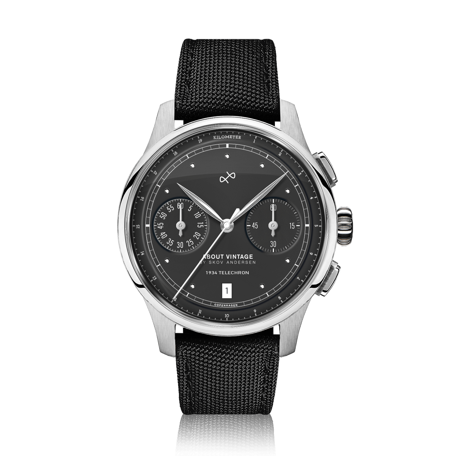 1934 Telechron, Steel / Black by AV86 features a vintage-inspired chronograph with dual subdials, date display, polished steel case, sapphire crystal, and a durable black cordura strap reflecting Nordic minimalism and horological precision.