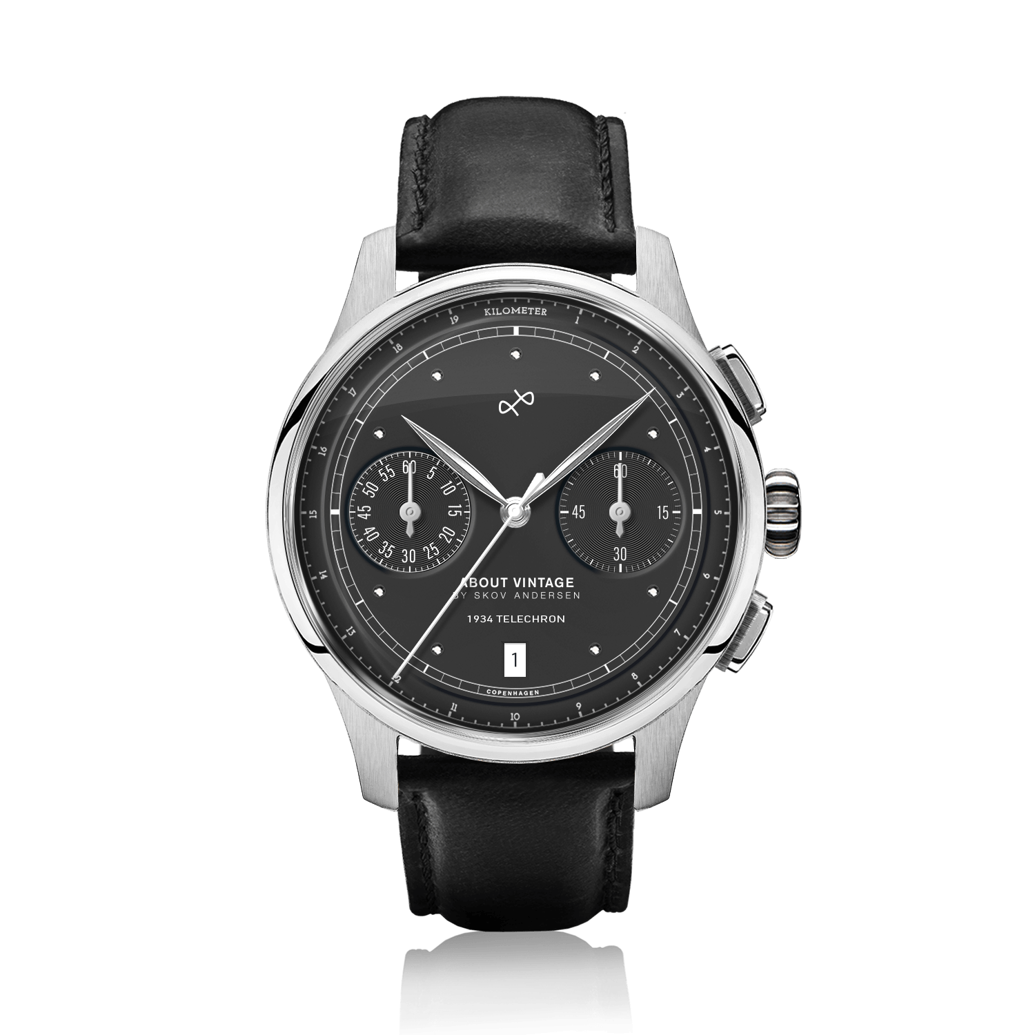 1934 Telechron, Steel / Black by AV86 features a vintage-inspired chronograph with a black dial, dual subdials, date window, sapphire crystal, polished steel case, and black leather strap, embodying Scandinavian minimalism and horological precision.