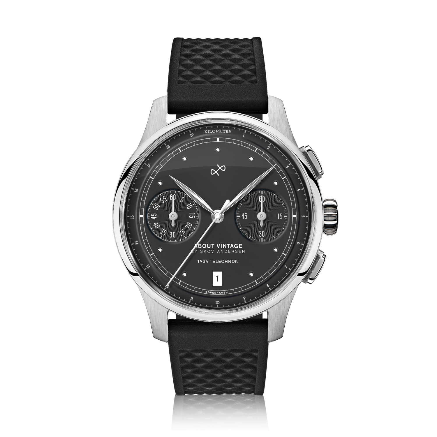 1934 Telechron, Steel / Black by AV86 features a vintage-inspired chronograph with a matte black dial, dual subdials, date window, polished steel case, sapphire crystal, and textured black silicone strap, reflecting Scandinavian horological precision and minimalist design.