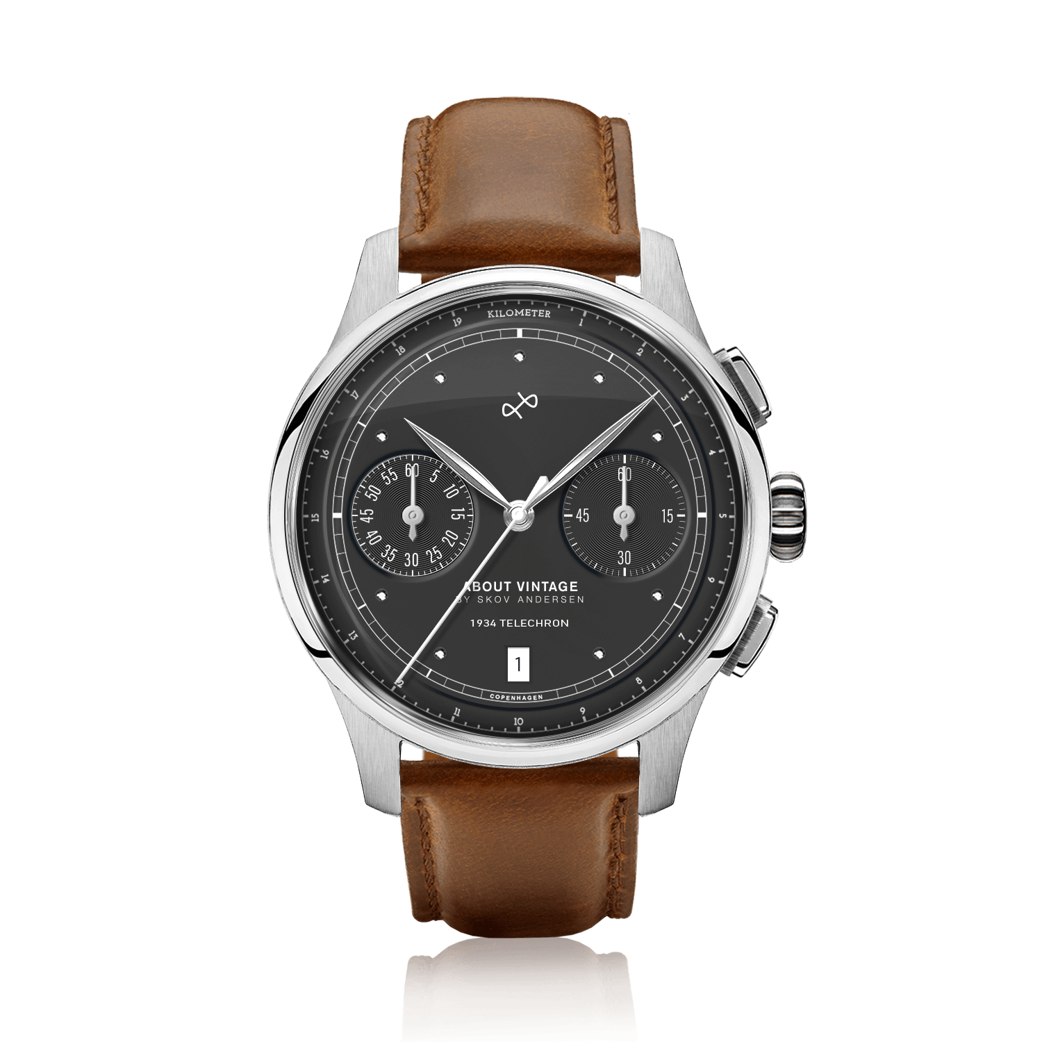1934 Telechron by AV86 features a vintage-inspired chronograph with a black dial, dual subdials, date window, polished steel case, sapphire crystal, and a smooth brown leather strap, embodying Nordic minimalism and Danish horological excellence.