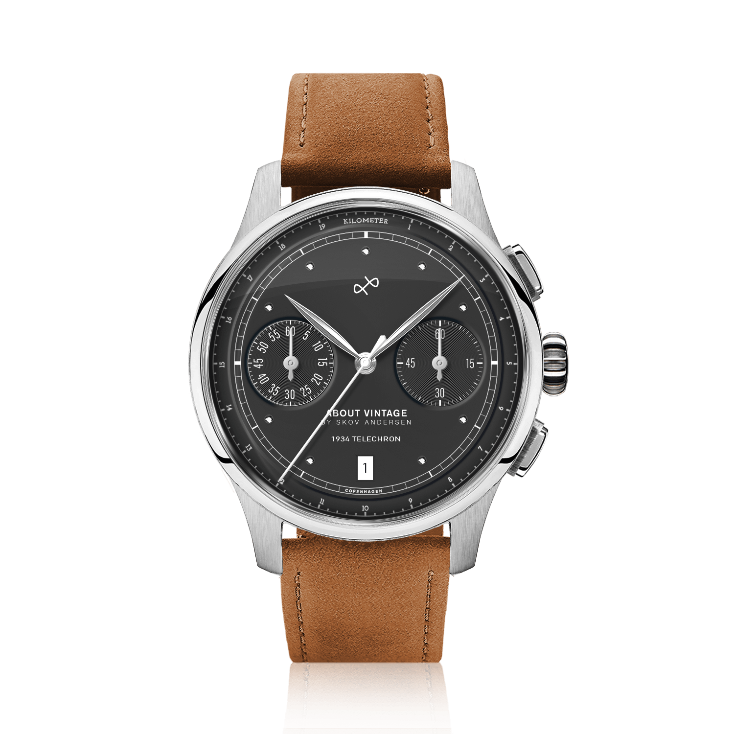 1934 Telechron, Steel / Black by AV86 showcases a vintage-inspired chronograph with a black dial, dual subdials, date window, polished steel case, and a caramel suede leather strap, reflecting refined Danish horological craftsmanship and Nordic minimalism.