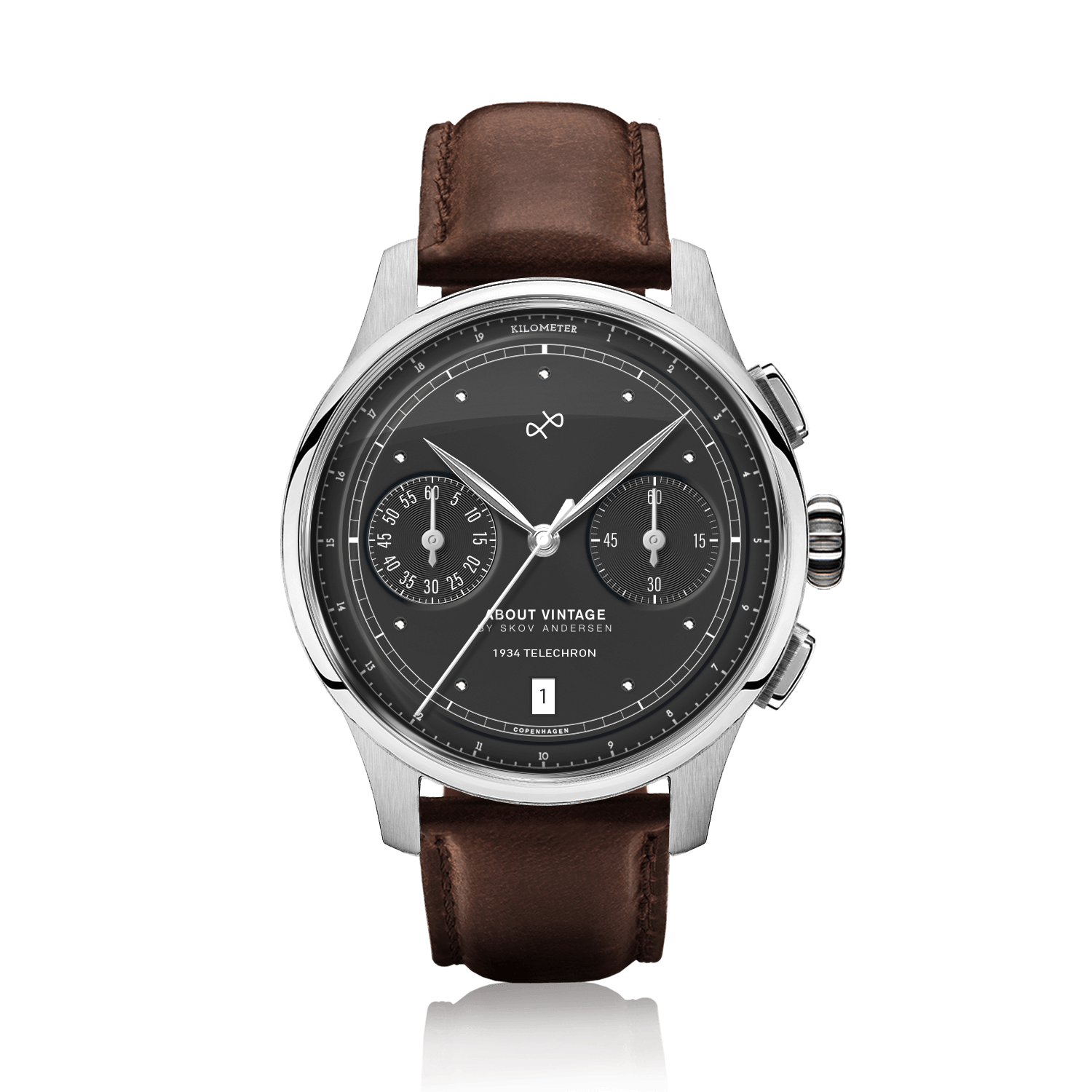 1934 Telechron, Steel / Black by AV86 presents a vintage-inspired chronograph with a black dial, dual subdials, date window, sapphire crystal, polished steel case, and a rich brown leather strap, embodying Nordic minimalism and horological excellence.