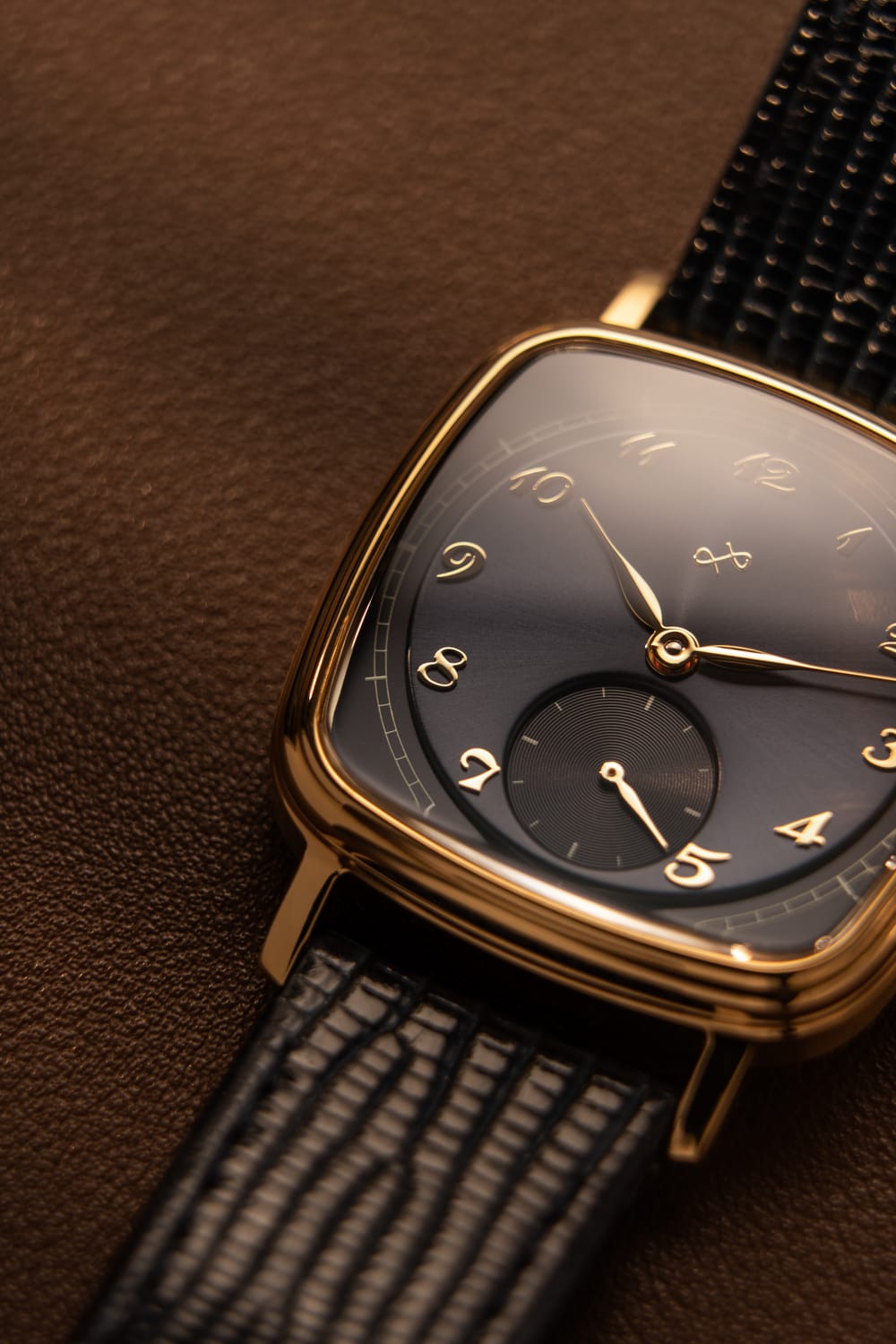 1954 Amalfi Mechanical by AV86 luxury dress watch with polished gold case, mechanical small seconds, textured leather strap