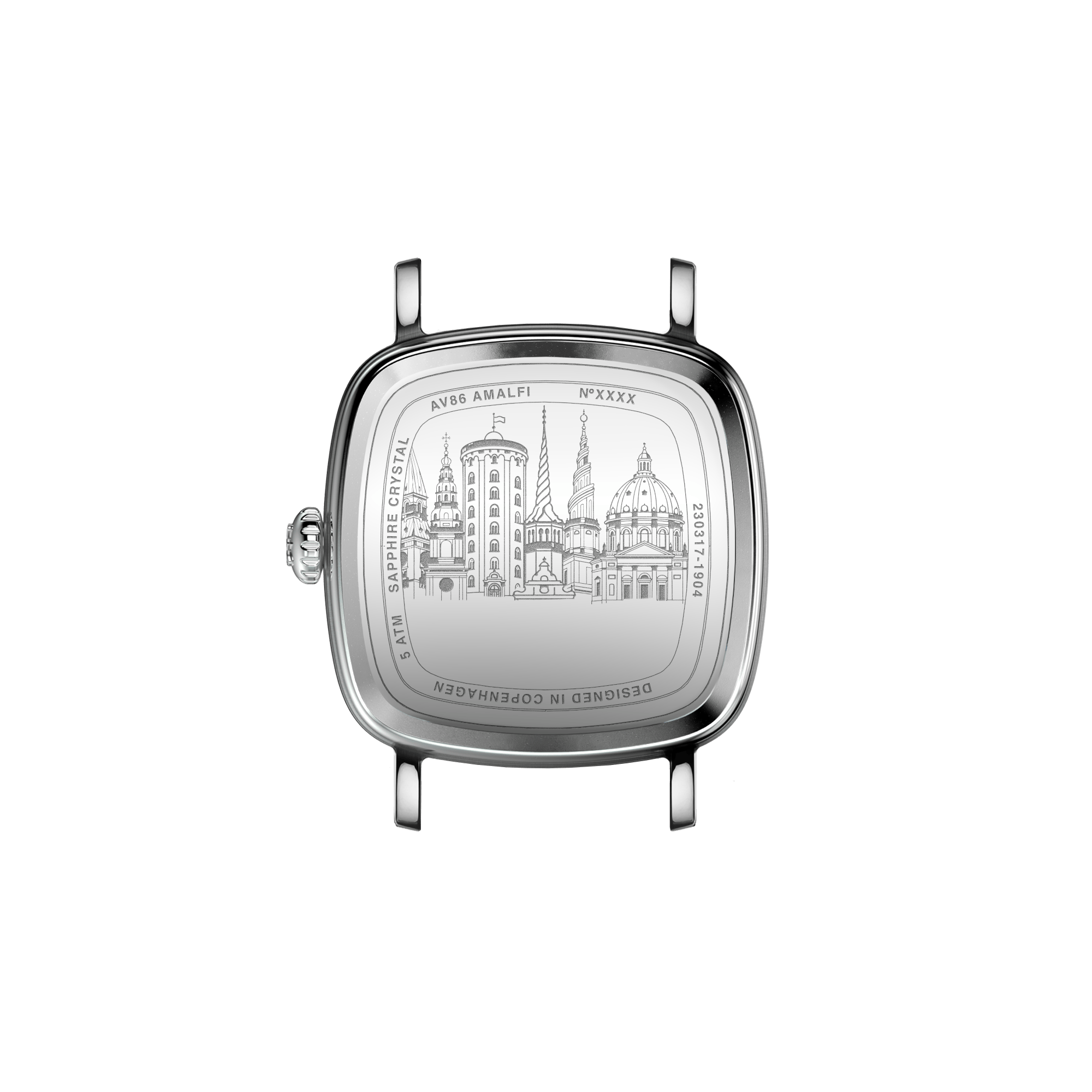Case back of AV86 Amalfi watch engraved with Copenhagen cityscape, sapphire crystal, and polished rounded square case.