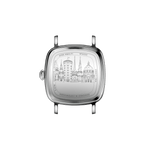 Case back of AV86 Amalfi watch engraved with Copenhagen cityscape, sapphire crystal, and polished rounded square case.