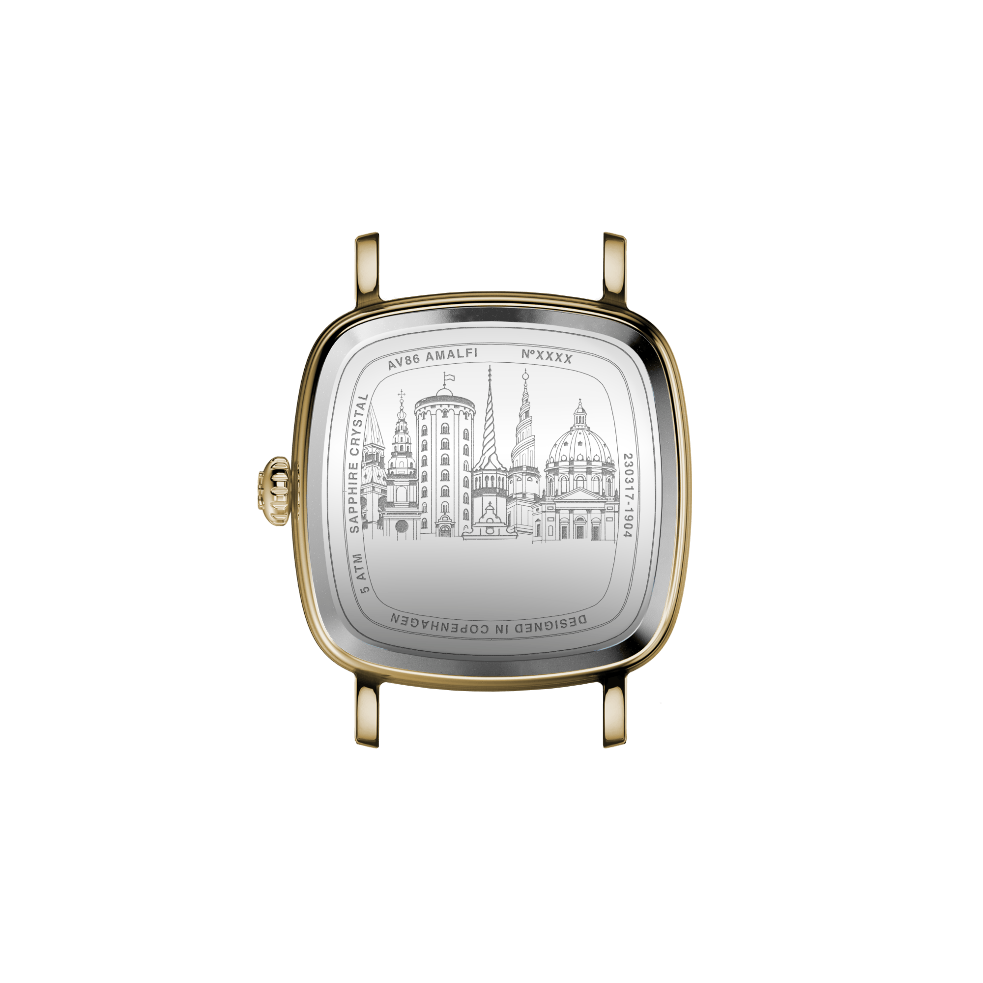 Case back of AV86 Amalfi watch engraved with Copenhagen skyline, sapphire crystal, and polished square cushion case.