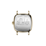 Case back of AV86 Amalfi watch engraved with Copenhagen skyline, sapphire crystal, and polished square cushion case.