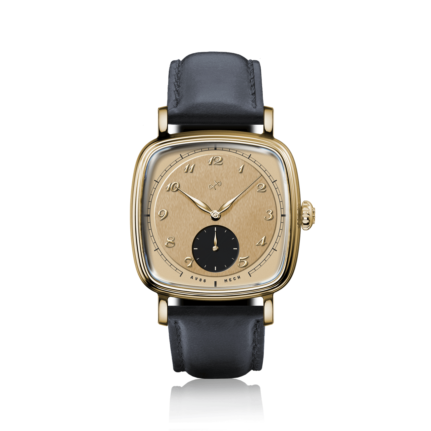 1954 Amalfi Mechanical by AV86, vintage-inspired mechanical watch with square gold case, black leather strap, minimalist dial design