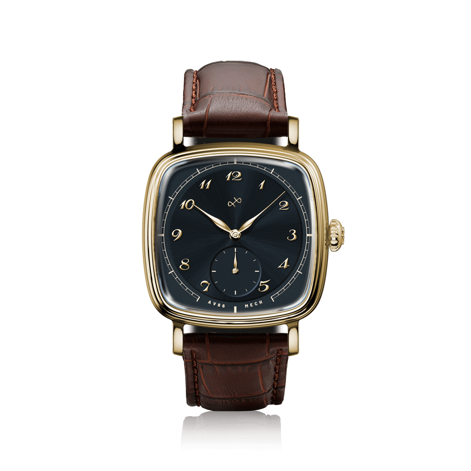 1954 Amalfi Mechanical by AV86 features a vintage-inspired mechanical watch with gold case, black dial, and brown leather strap.