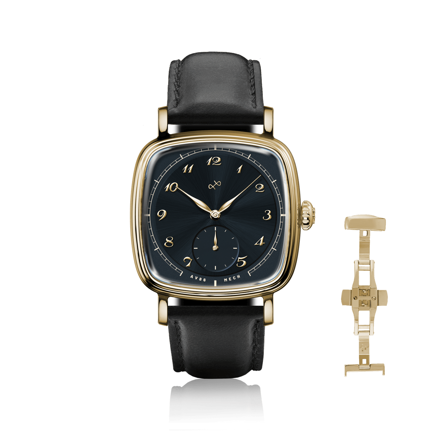 1954 Amalfi Mechanical by AV86, vintage-inspired dress watch with gold case, black dial, Arabic numerals, and black leather strap.