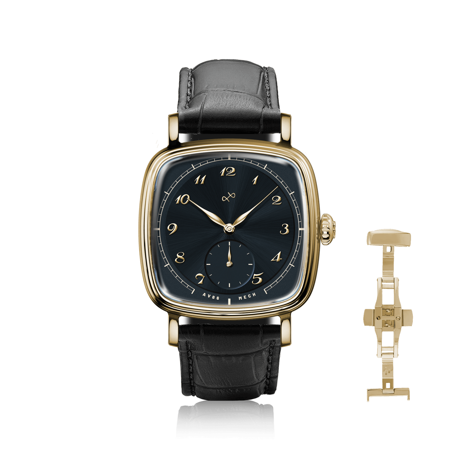 1954 Amalfi Mechanical, Gold / Midnight Blue by AV86 with polished gold case, sapphire crystal, mechanical small seconds, and black leather strap