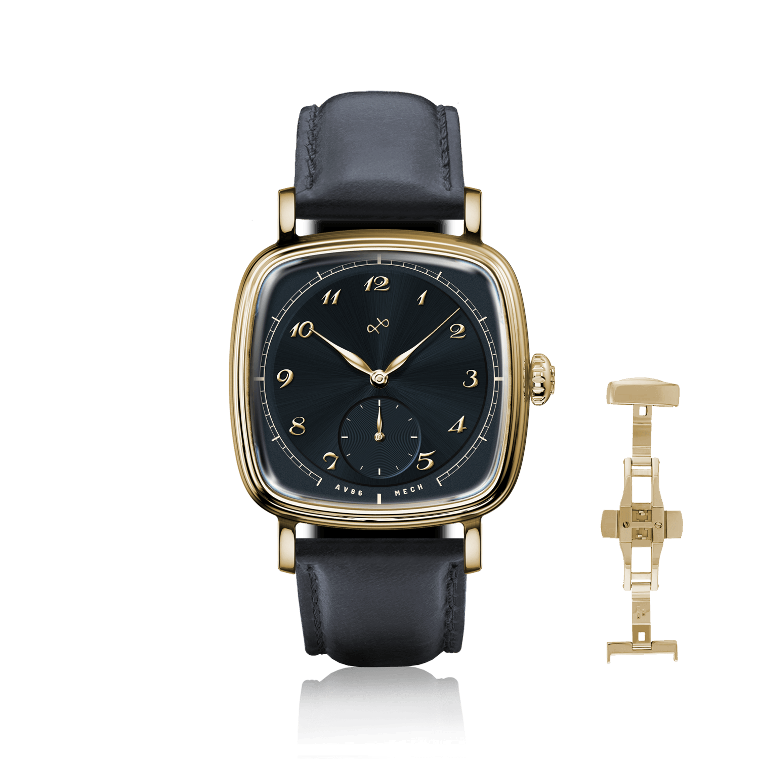 1954 Amalfi Mechanical by AV86, vintage-inspired dress watch with gold case, black dial, Arabic numerals, and black leather strap