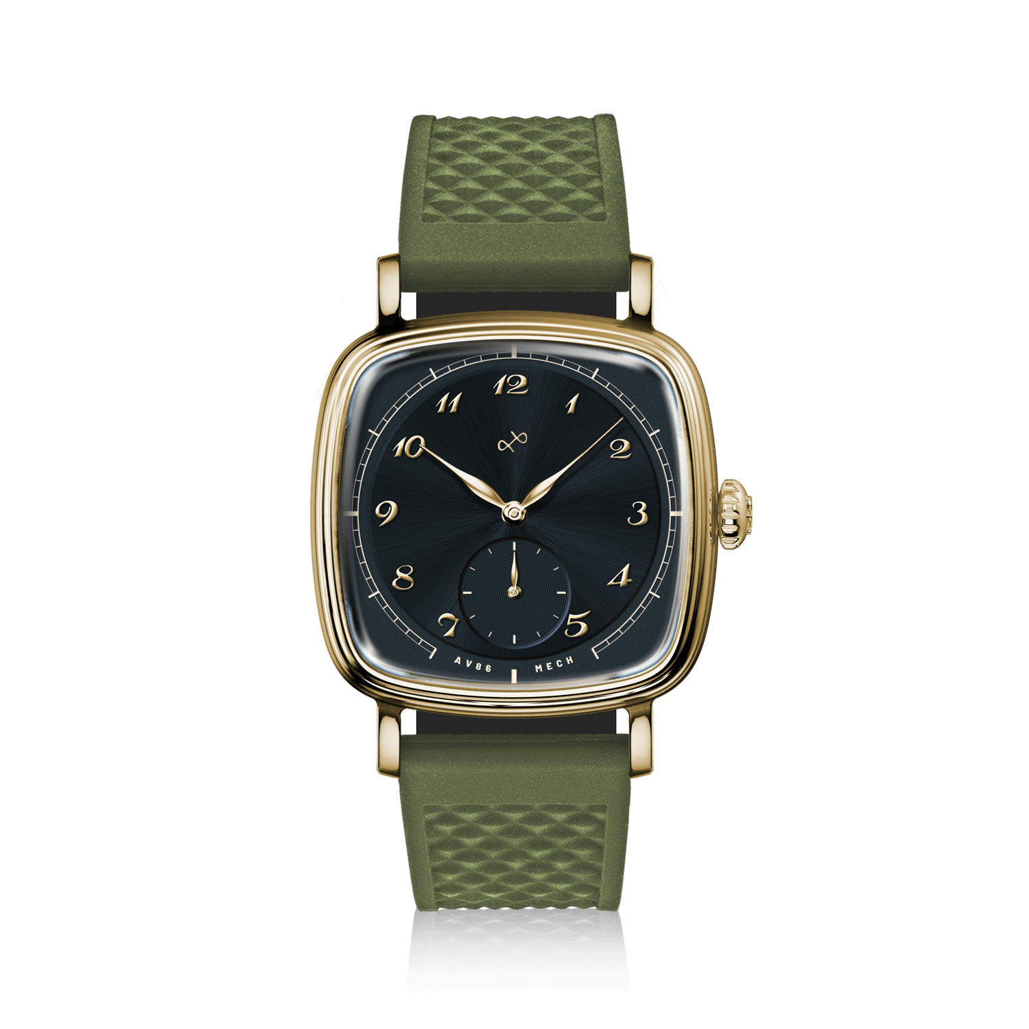 1954 Amalfi Mechanical by AV86, vintage-inspired automatic watch with sapphire crystal, gold case, black dial, and textured rubber strap