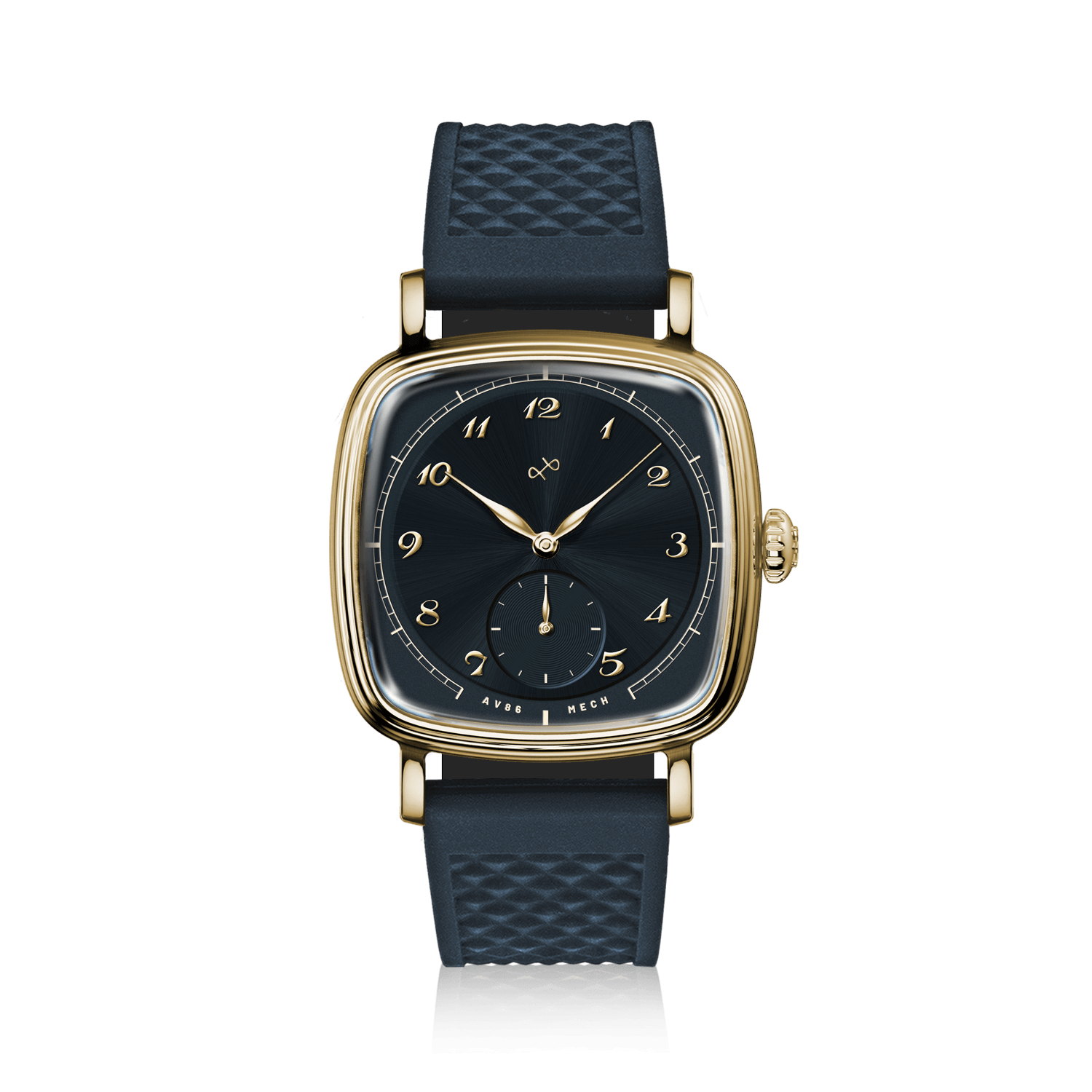 1954 Amalfi Mechanical by AV86, vintage-inspired automatic watch with sapphire crystal, square case, and textured rubber strap