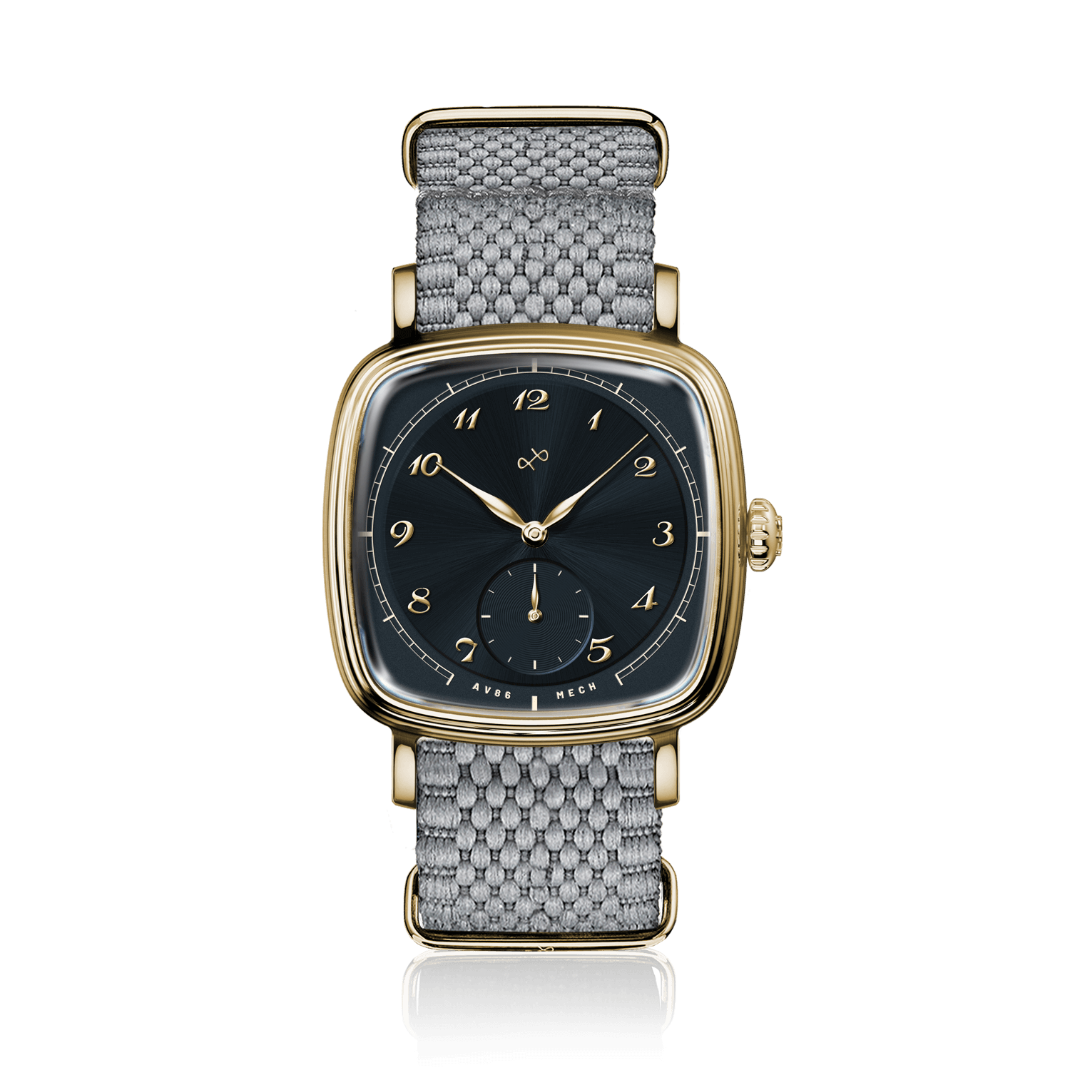1954 Amalfi Mechanical by AV86, vintage-inspired mechanical watch with cushion case, sapphire crystal, and woven leather strap.