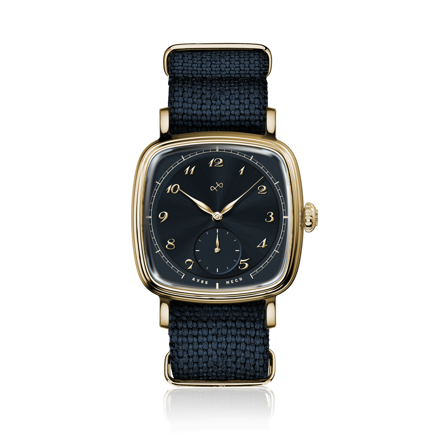 1954 Amalfi Mechanical by AV86, vintage-inspired automatic watch with sapphire crystal, gold case, navy textile strap, and classic dial design