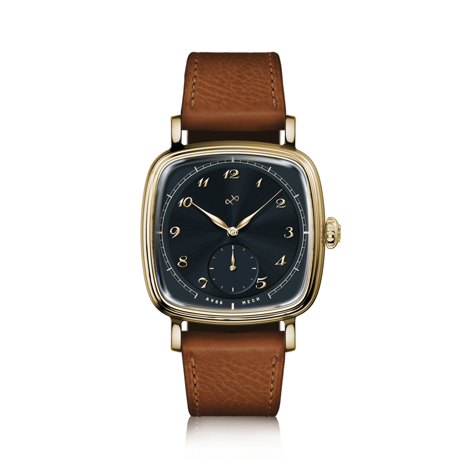 1954 Amalfi Mechanical, Gold / Midnight Blue by AV86 luxury dress watch with curved sapphire crystal, mechanical small seconds, and leather strap