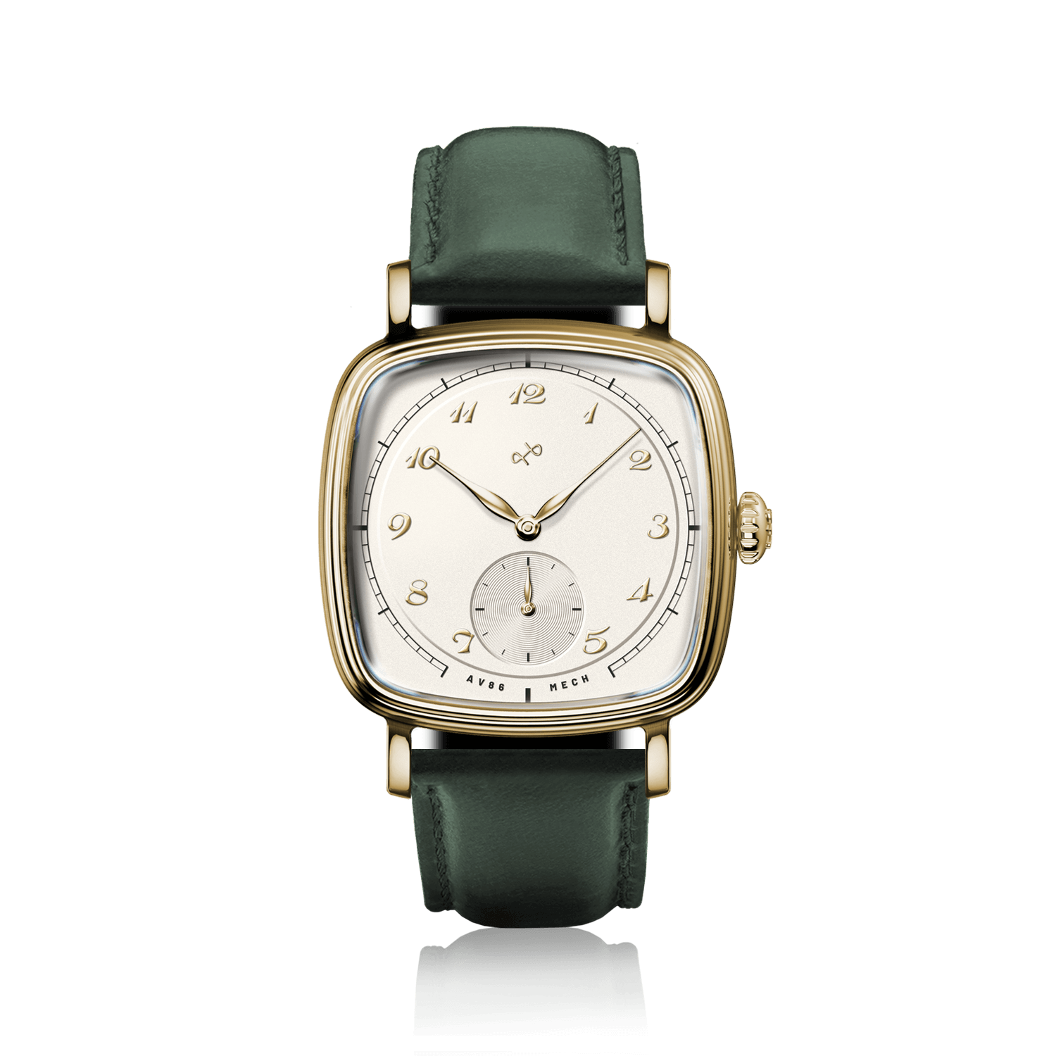 1954 Amalfi Mechanical by AV86 dress watch with polished gold cushion case, off-white dial, small seconds, sapphire crystal, leather strap