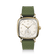 1954 Amalfi Mechanical by AV86 luxury dress watch with polished gold cushion case, off-white dial, small seconds, textured rubber strap