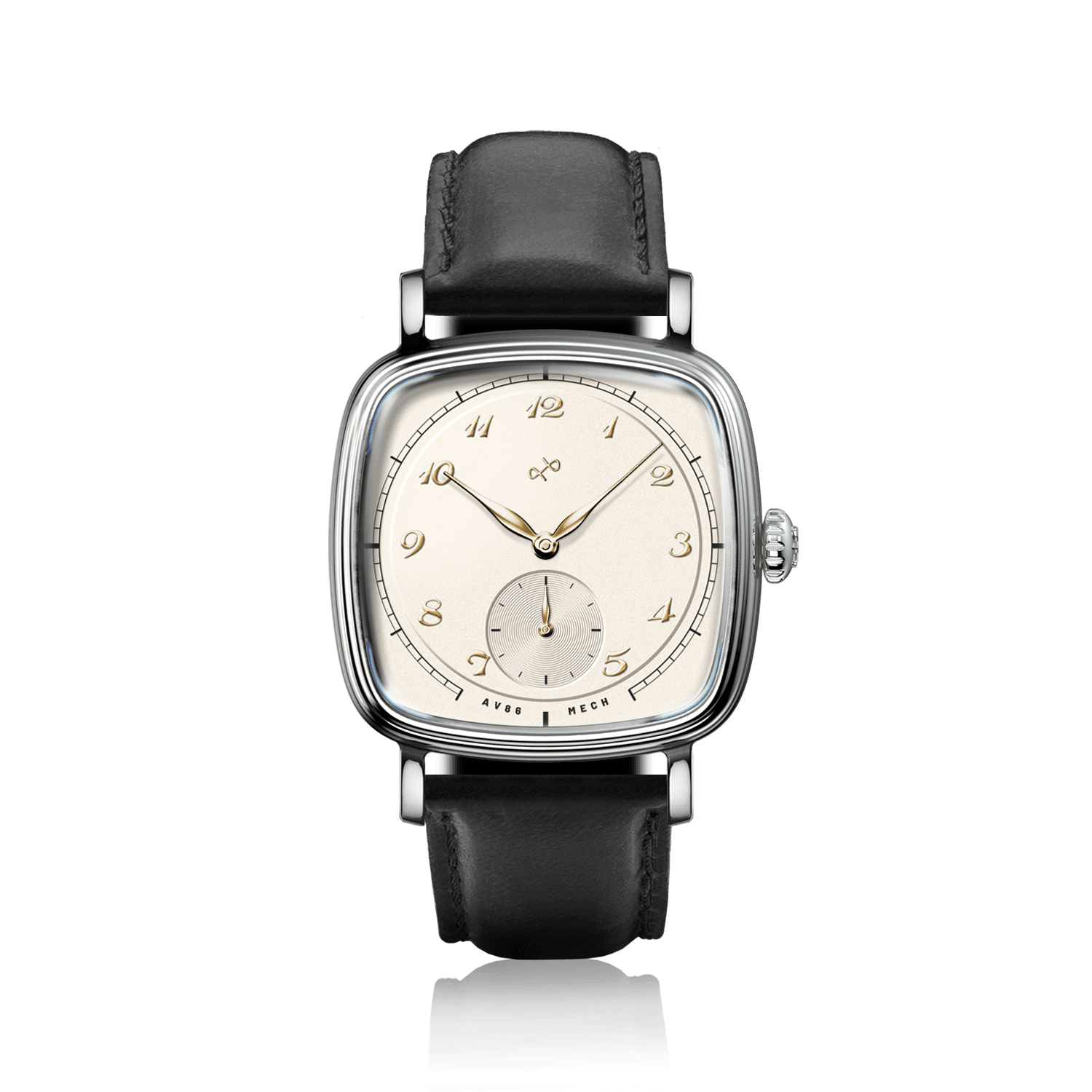1954 Amalfi Mechanical, Steel / Off White wristwatch by AV86 with black leather strap and vintage-inspired dial design