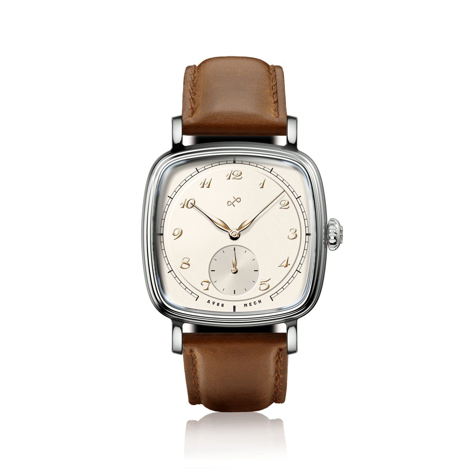 1954 Amalfi Mechanical, Steel / Off White with brown leather strap, vintage-inspired watch by AV86, Danish design luxury timepiece
